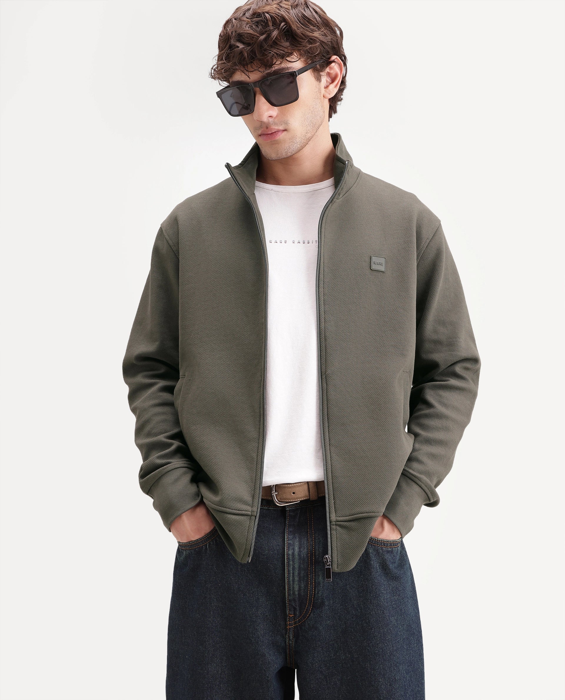 Rare Rabbit Men's Costo-J-A26 Olive Cotton Blend High Neck Regular Plain Sweatshirt