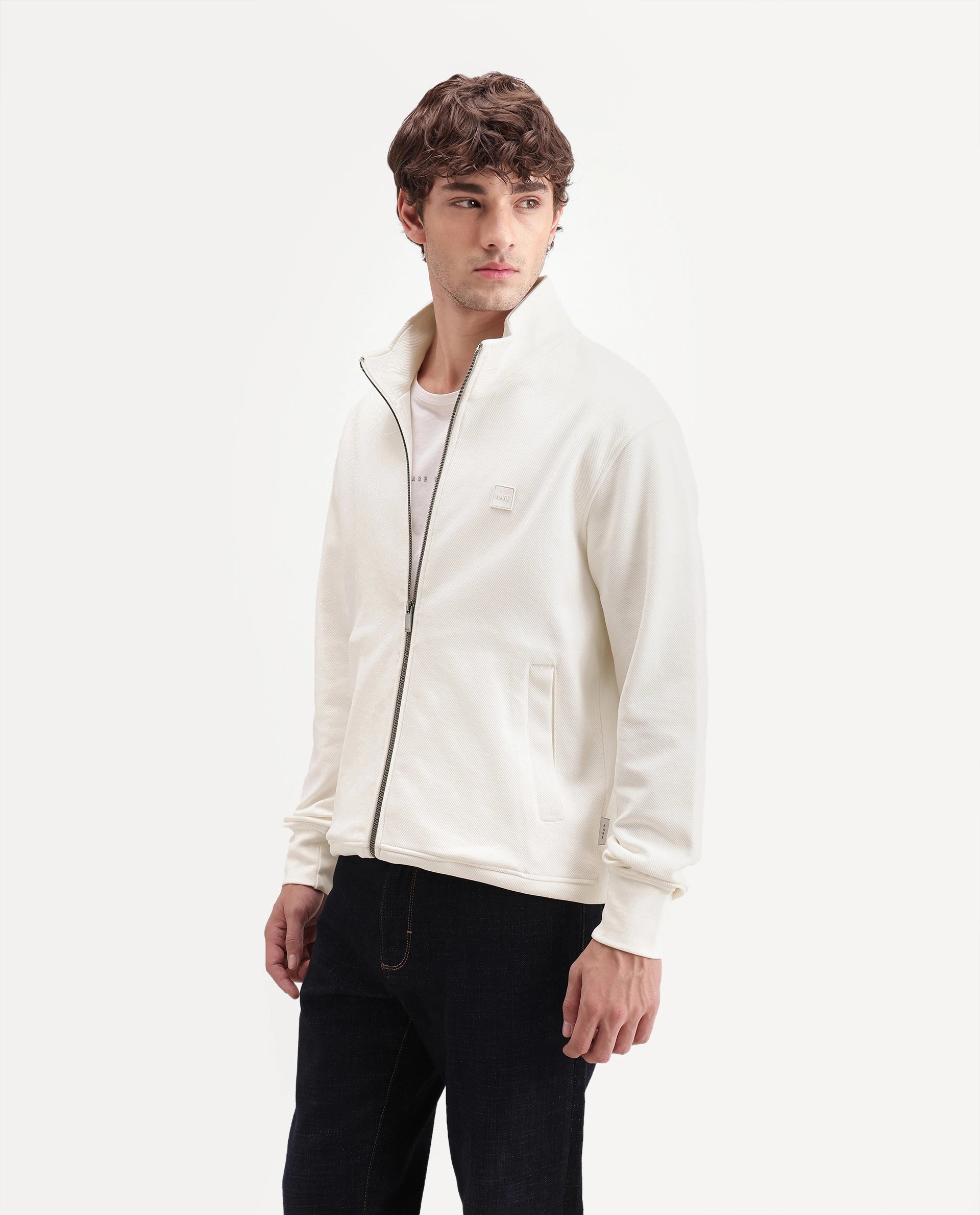Rare Rabbit Men's Costo-J-A26 Off White Cotton Blend High Neck Regular Plain Sweatshirt