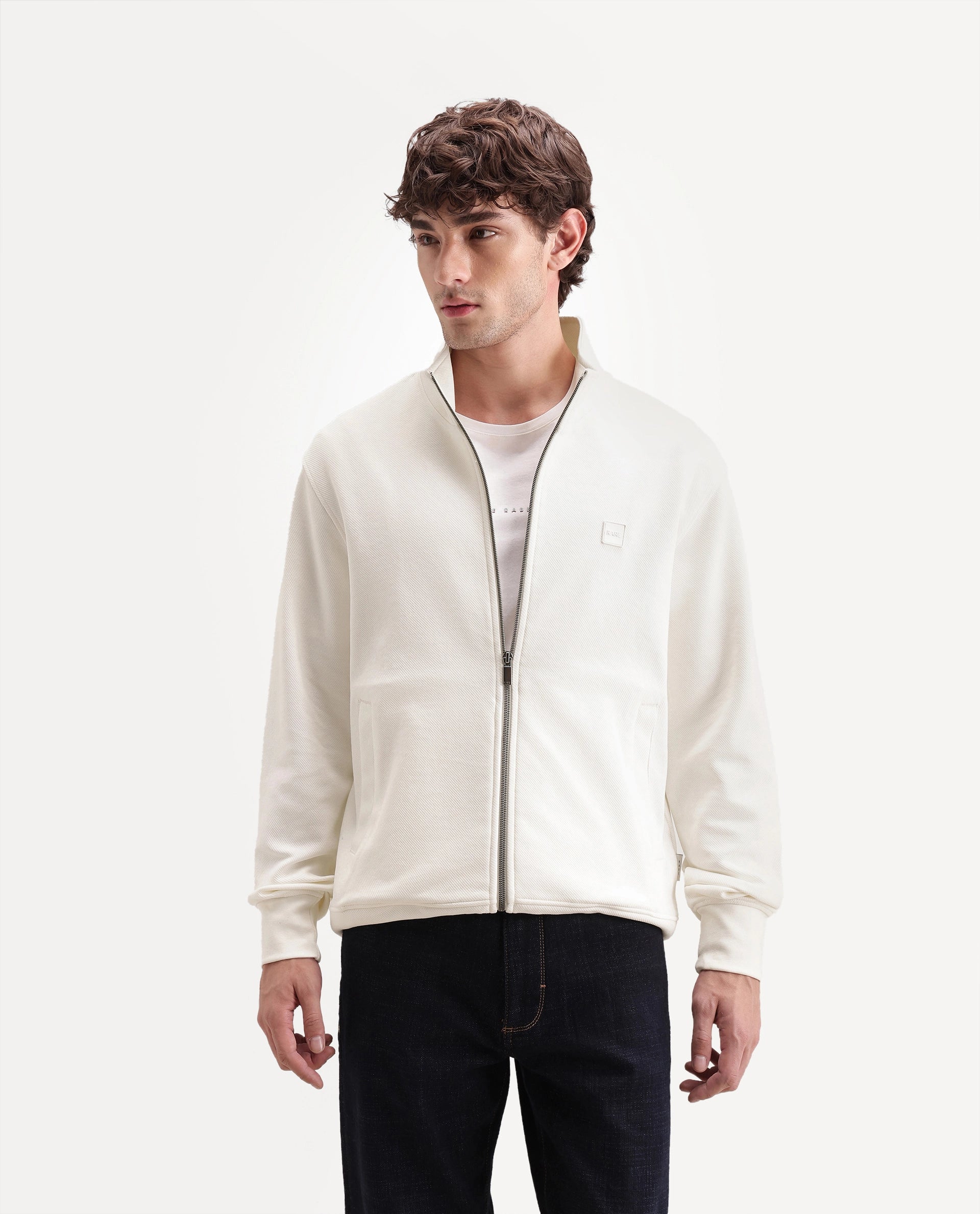 Rare Rabbit Men's Costo-J-A26 Off White Cotton Blend High Neck Regular Plain Sweatshirt