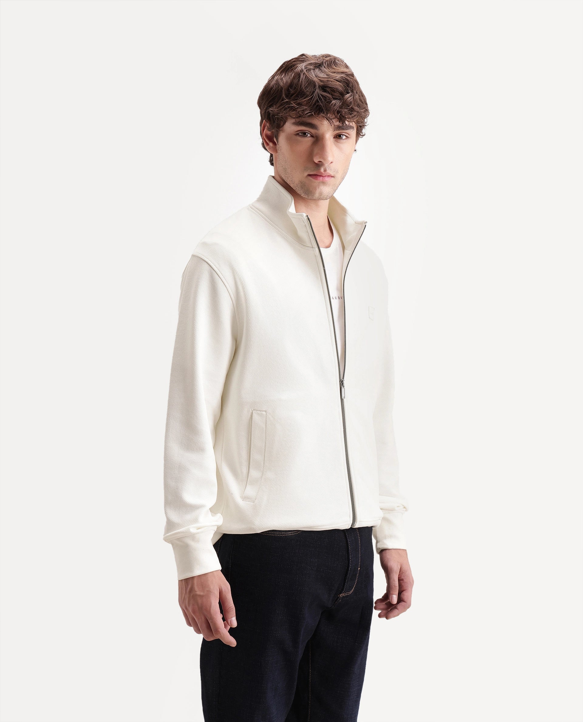 Rare Rabbit Men's Costo-J-A26 Off White Cotton Blend High Neck Regular Plain Sweatshirt