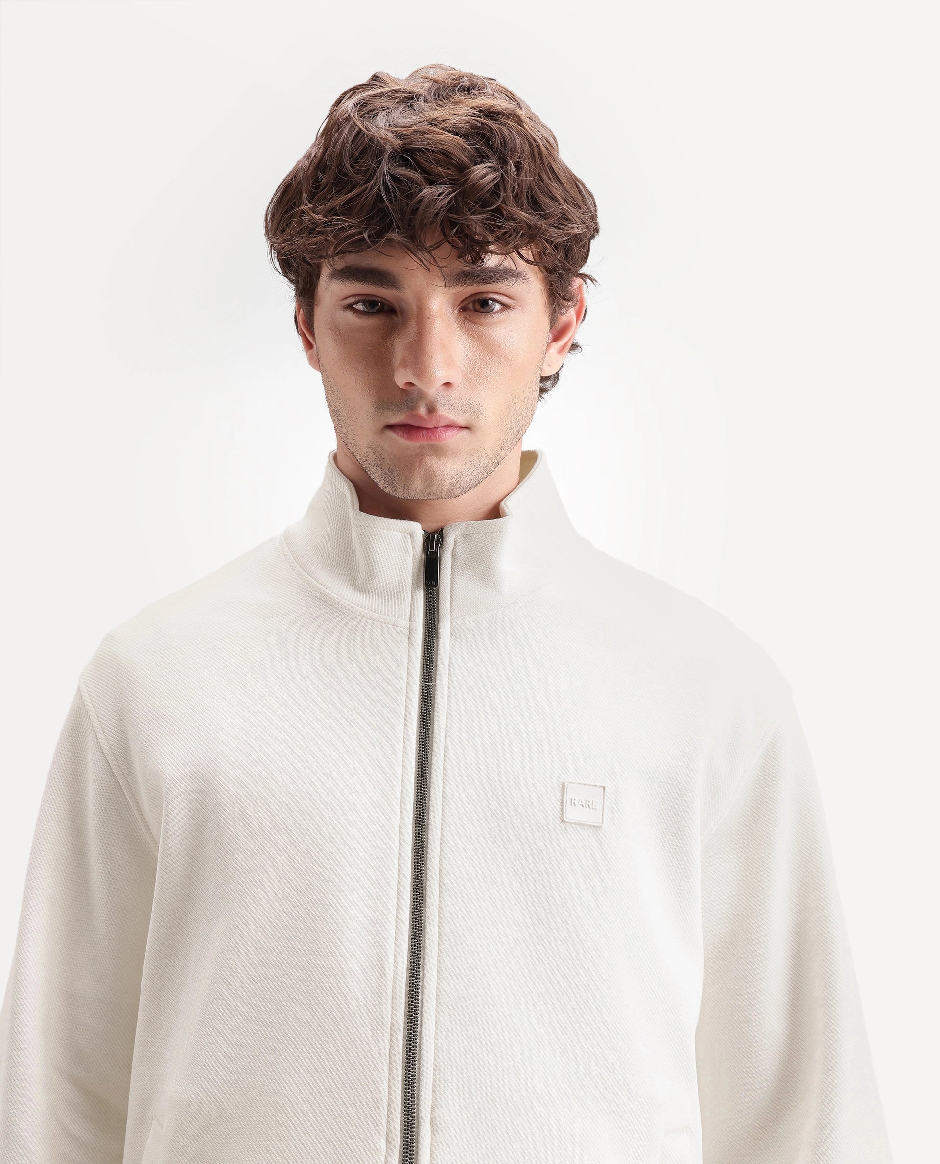 Rare Rabbit Men's Costo-J-A26 Off White Cotton Blend High Neck Regular Plain Sweatshirt