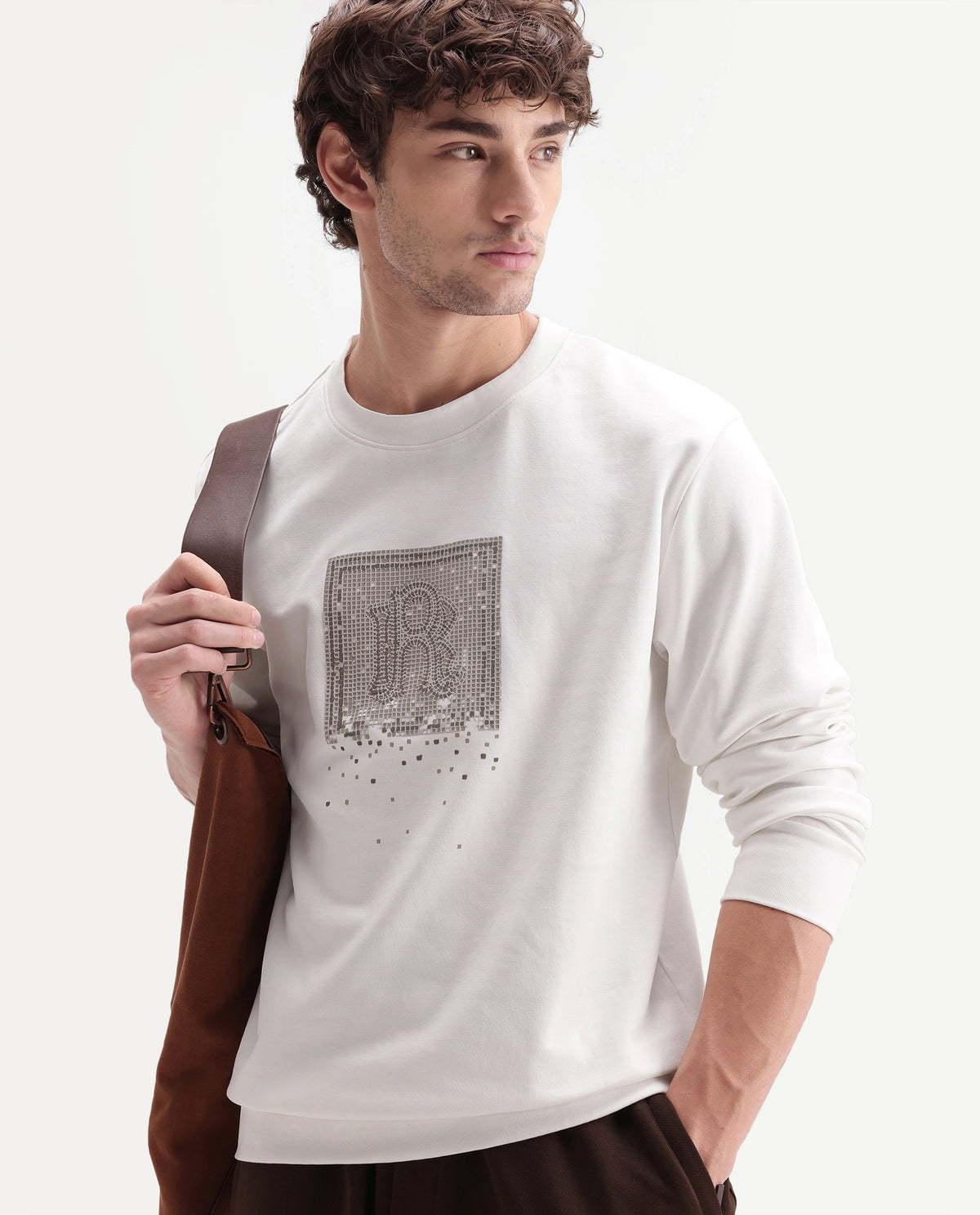 Rare Rabbit Men's Pal Off White Cotton Blend Crew Neck Regular Monogram Sweatshirt