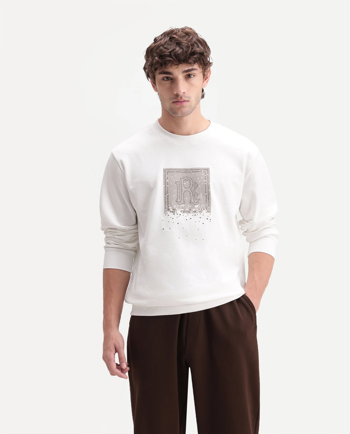 Rare Rabbit Men's Pal Off White Cotton Blend Crew Neck Regular Monogram Sweatshirt