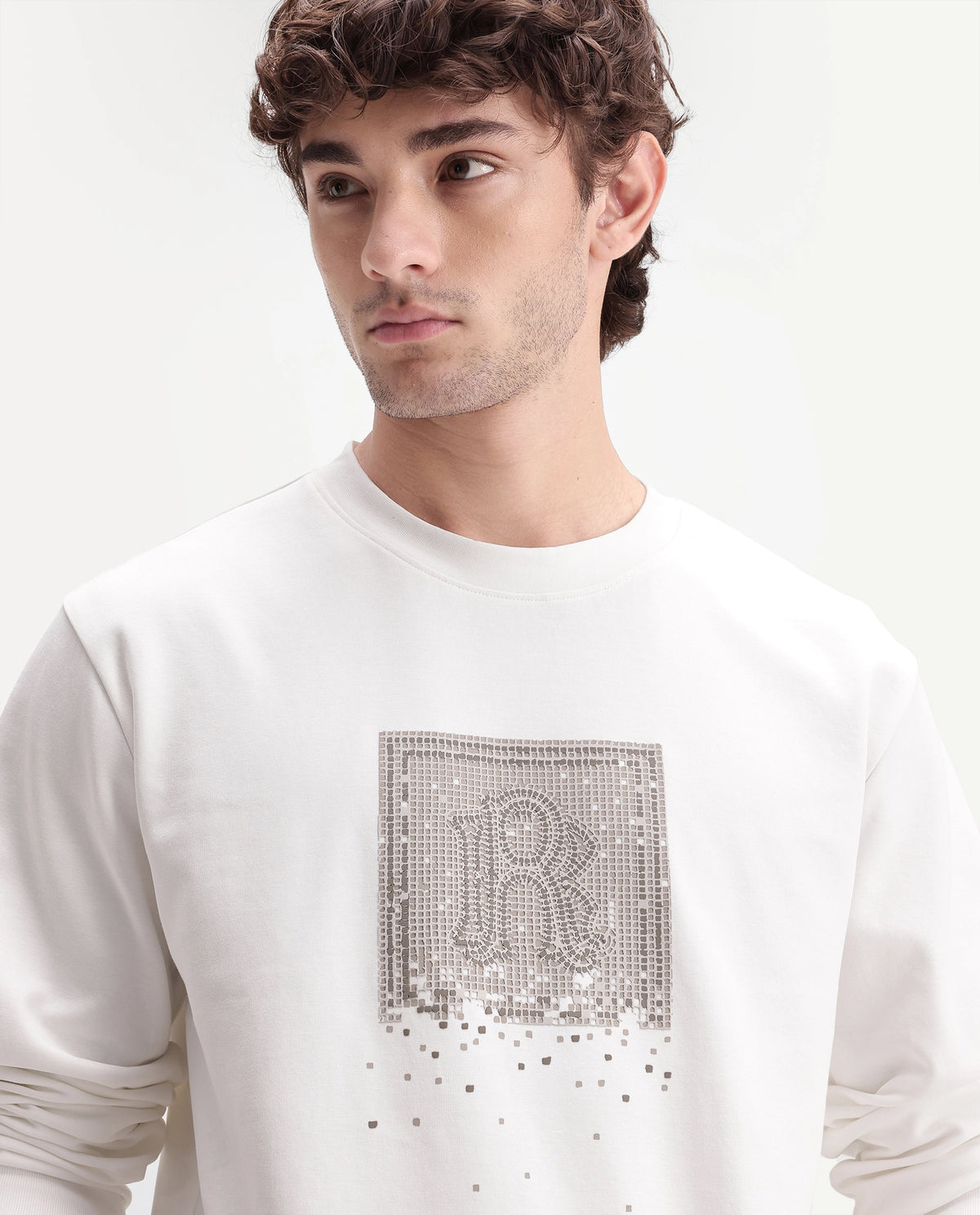 Rare Rabbit Men's Pal Off White Cotton Blend Crew Neck Regular Monogram Sweatshirt