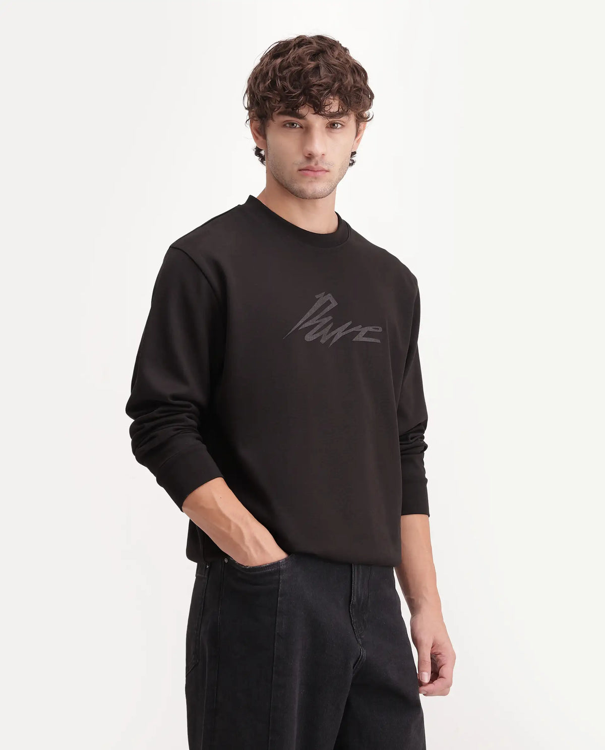 Rare Rabbit Men's Palmi Dark Brown Cotton Blend Crew Neck Regular Graphic Print Sweatshirt