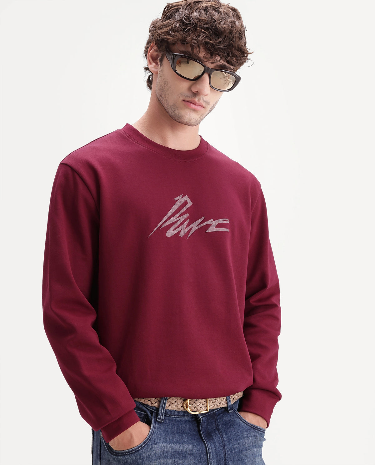 Rare Rabbit Men's Palmi Maroon Cotton Blend Crew Neck Regular Graphic Print Sweatshirt