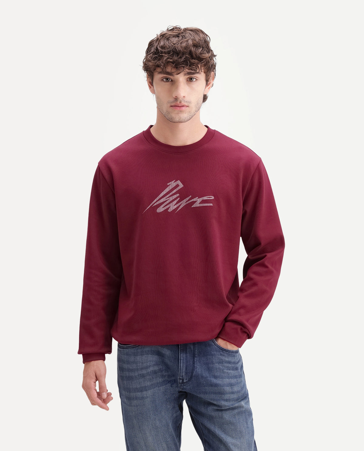 Rare Rabbit Men's Palmi Maroon Cotton Blend Crew Neck Regular Graphic Print Sweatshirt