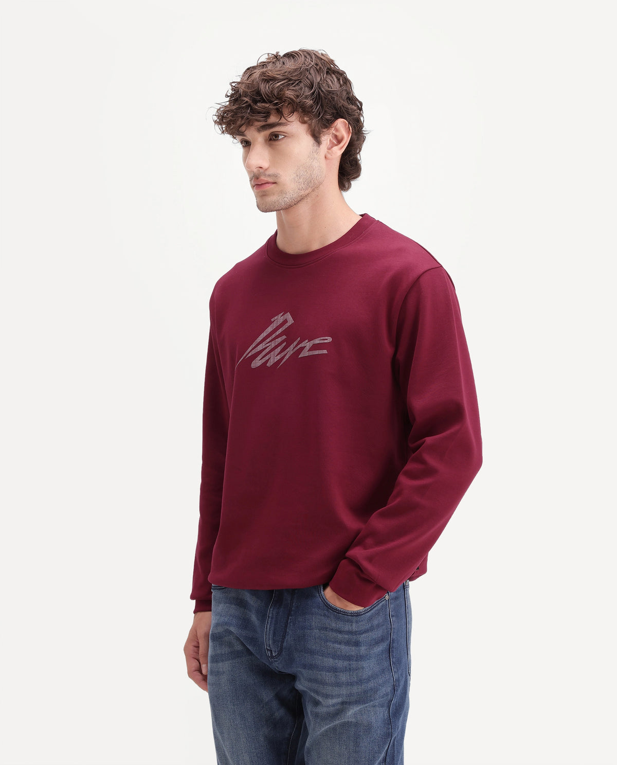 Rare Rabbit Men's Palmi Maroon Cotton Blend Crew Neck Regular Graphic Print Sweatshirt