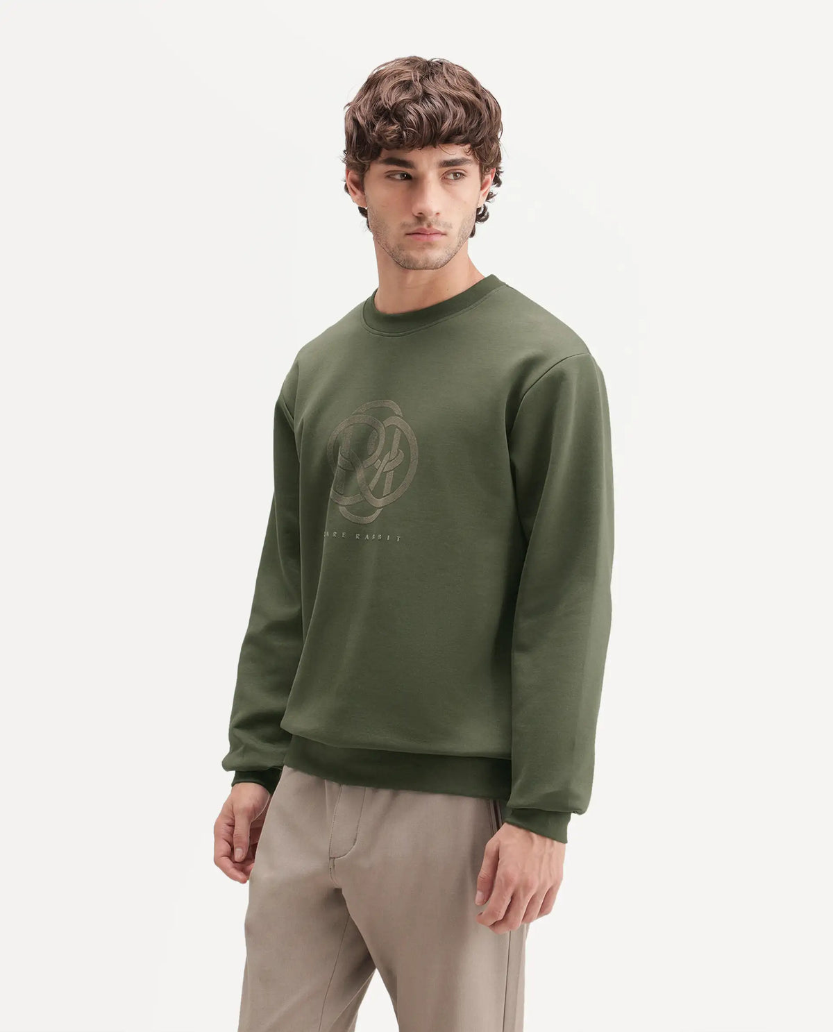 Rare Rabbit Men's Adge Olive Cotton Blend Crew Neck Regular Branding Sweatshirt