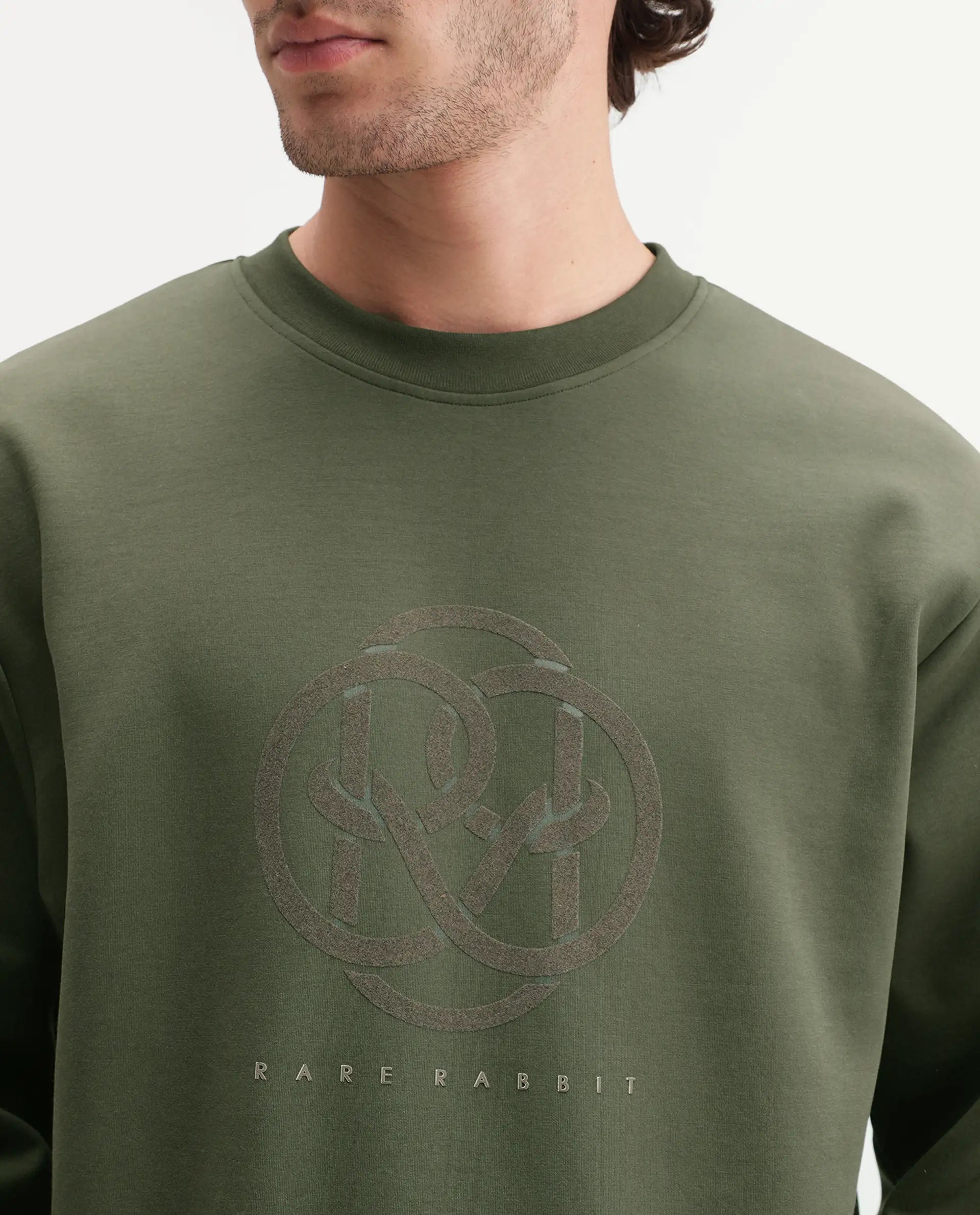 Rare Rabbit Men's Adge Olive Cotton Blend Crew Neck Regular Branding Sweatshirt