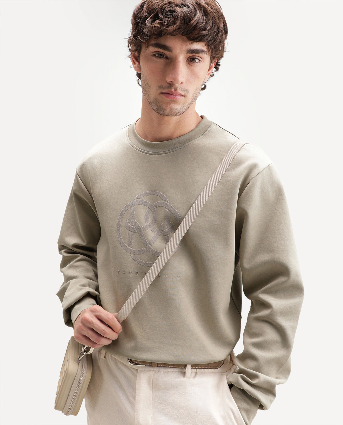 Rare Rabbit Men's Adge Light Beige Cotton Blend Crew Neck Regular Graphic Print Sweatshirt