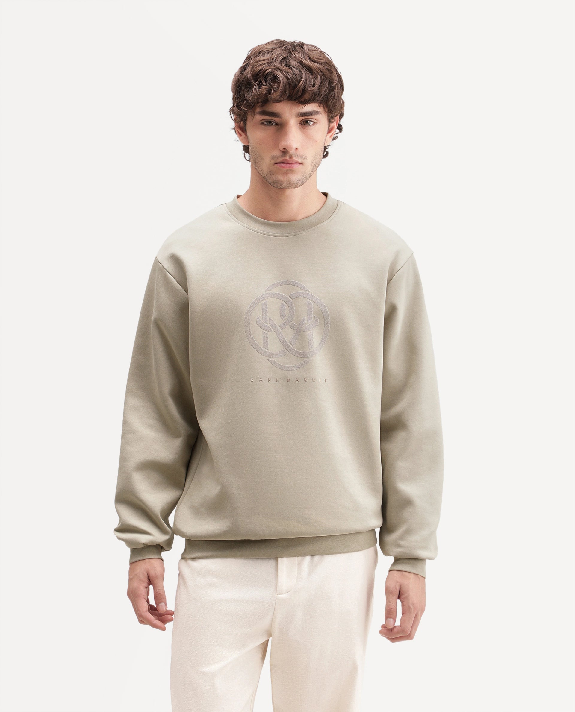 Rare Rabbit Men's Adge Light Beige Cotton Blend Crew Neck Regular Graphic Print Sweatshirt