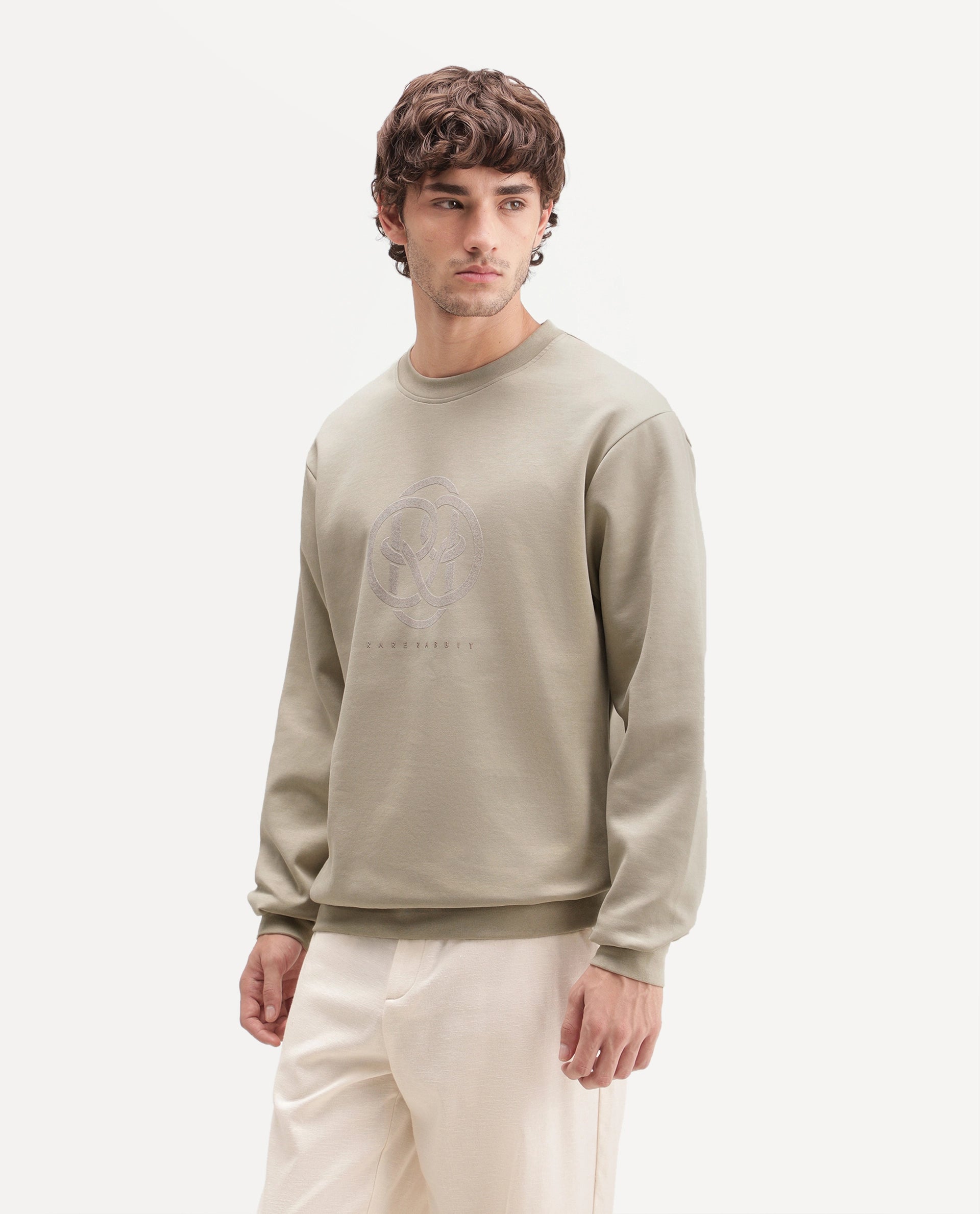 Rare Rabbit Men's Adge Light Beige Cotton Blend Crew Neck Regular Graphic Print Sweatshirt
