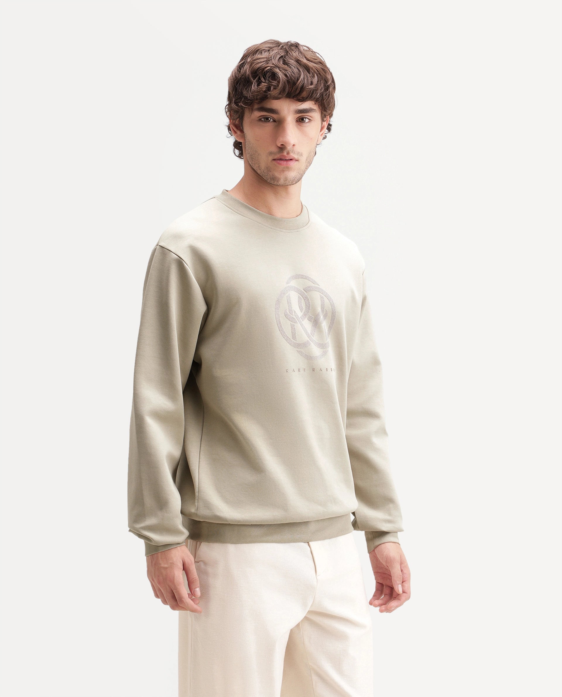 Rare Rabbit Men's Adge Light Beige Cotton Blend Crew Neck Regular Graphic Print Sweatshirt