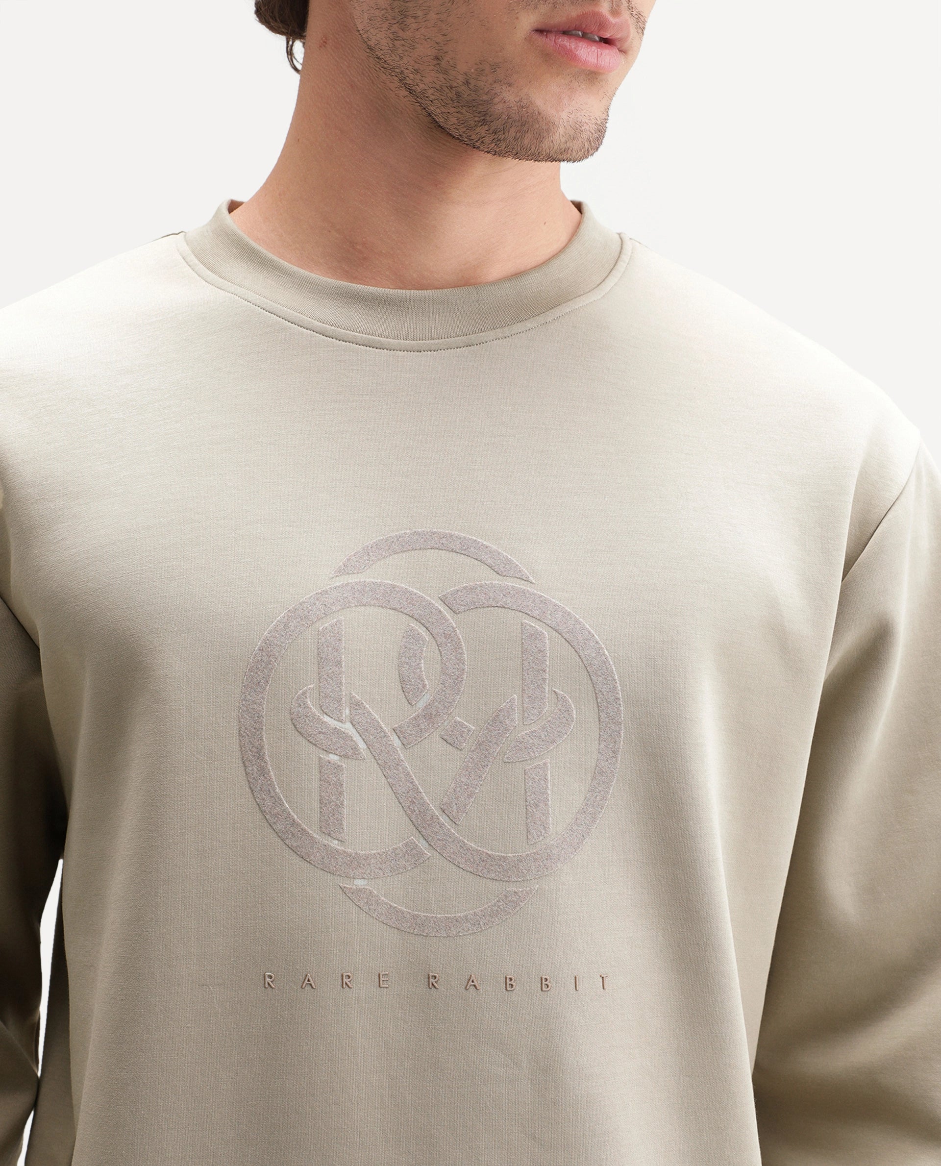 Rare Rabbit Men's Adge Light Beige Cotton Blend Crew Neck Regular Graphic Print Sweatshirt