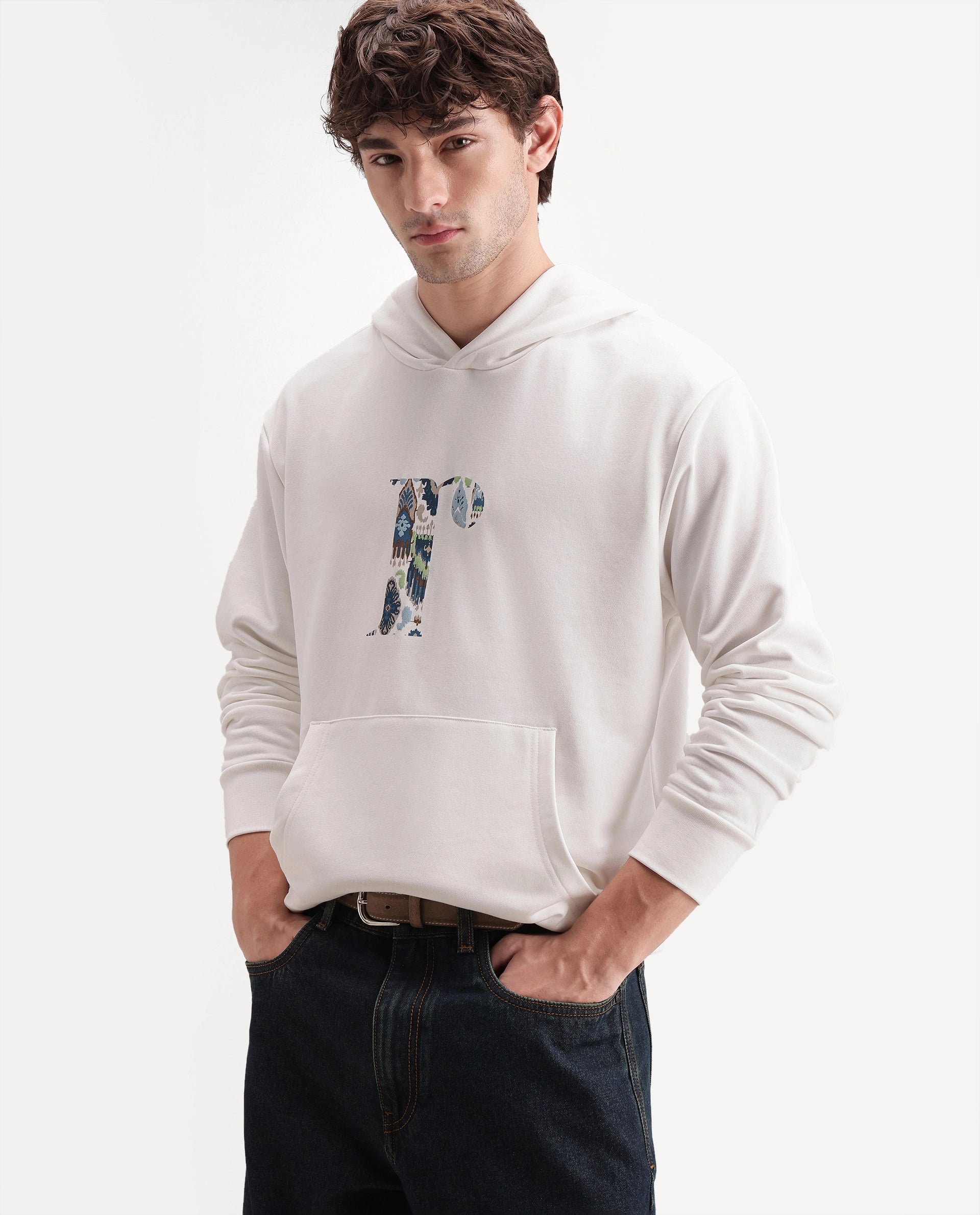 Rare Rabbit Men's Bent S Off White Cotton Blend Hooded Regular Graphic Print Sweatshirt