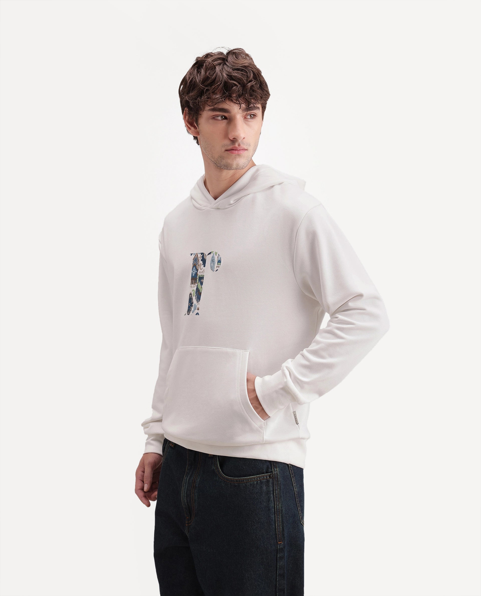 Rare Rabbit Men's Bent S Off White Cotton Blend Hooded Regular Graphic Print Sweatshirt
