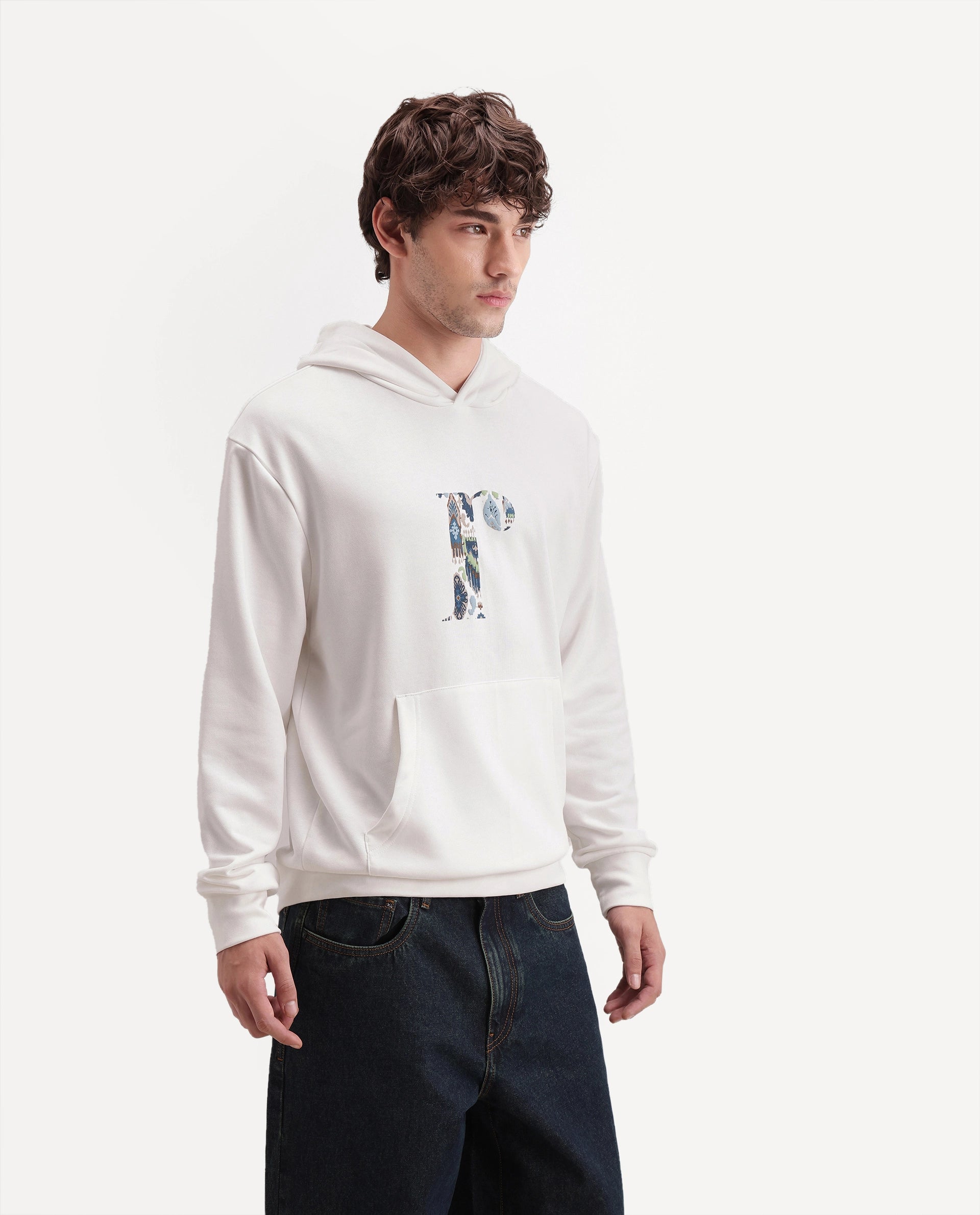 Rare Rabbit Men's Bent S Off White Cotton Blend Hooded Regular Graphic Print Sweatshirt