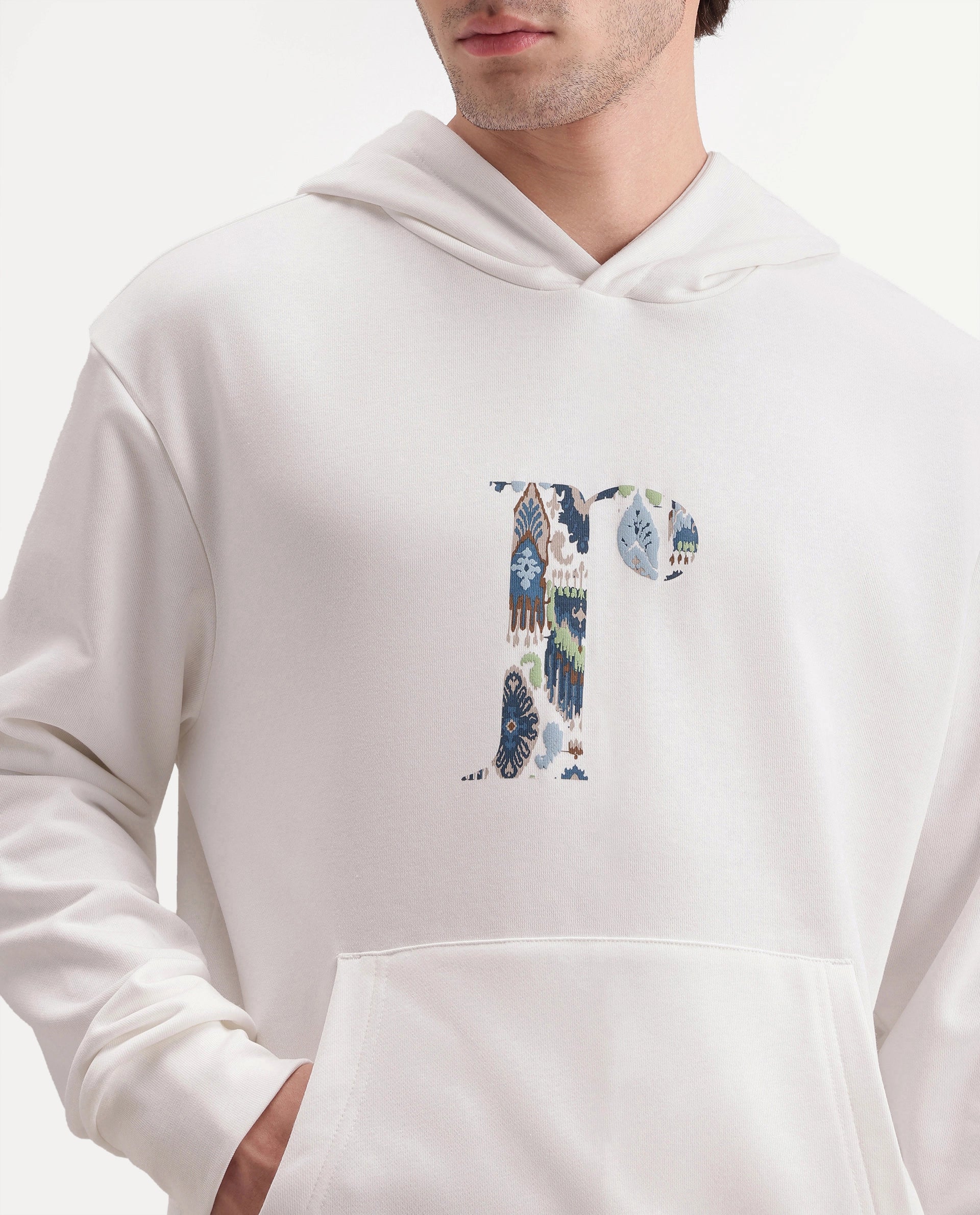 Rare Rabbit Men's Bent S Off White Cotton Blend Hooded Regular Graphic Print Sweatshirt