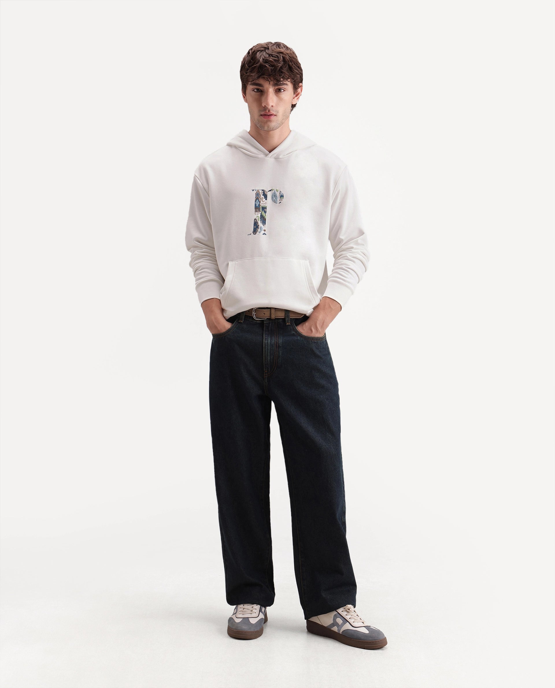 Rare Rabbit Men's Bent S Off White Cotton Blend Hooded Regular Graphic Print Sweatshirt