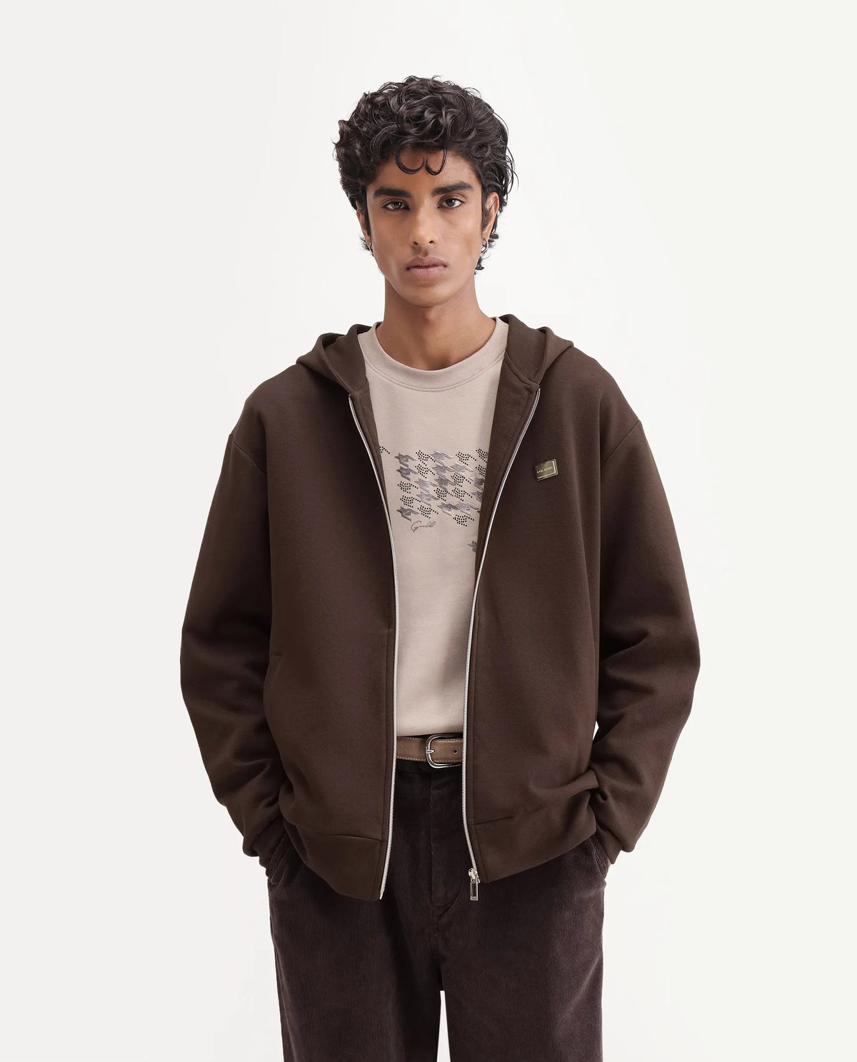 Rare Rabbit Men's Blin Brown Cotton Blend Hooded Regular Plain Sweatshirt