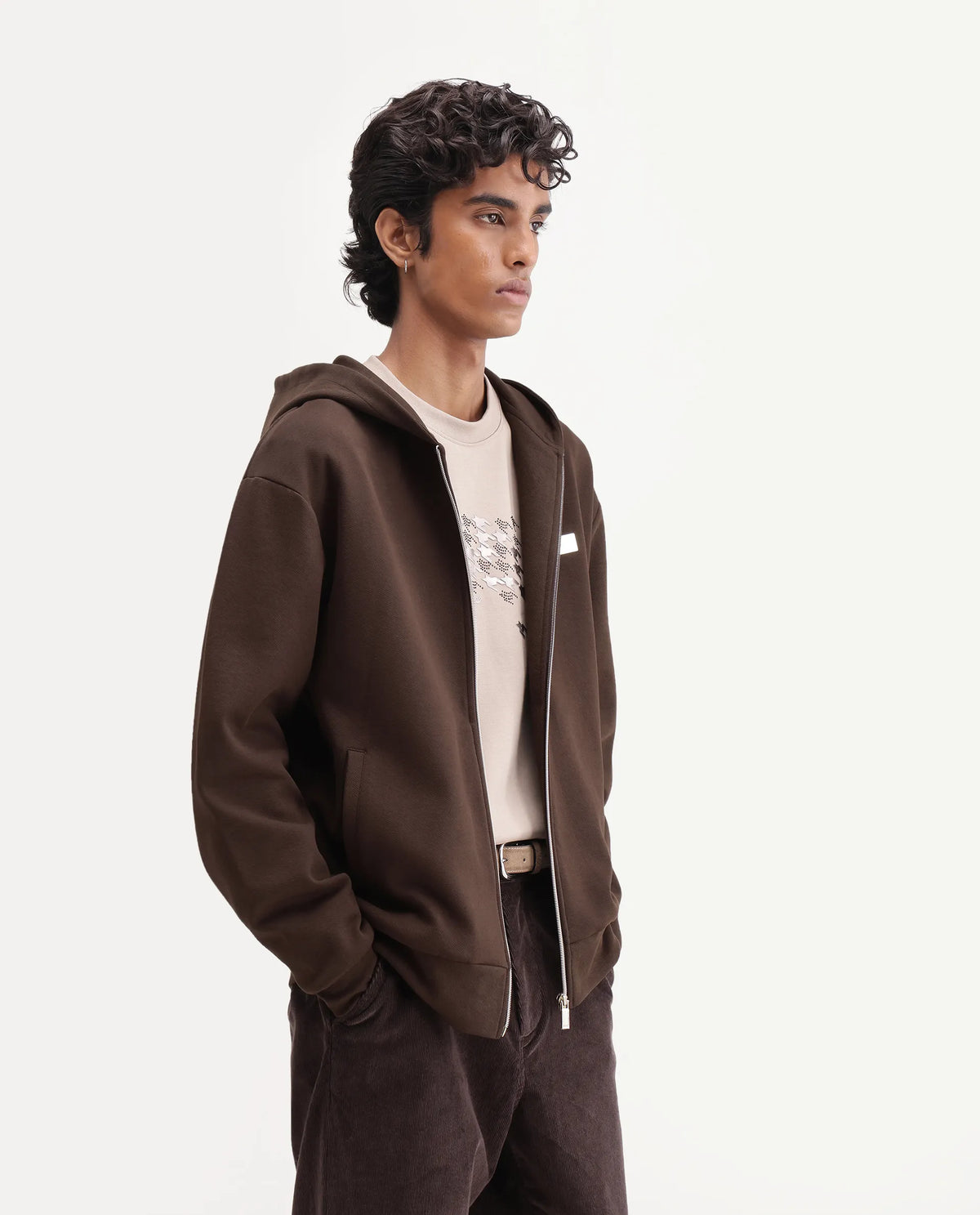 Rare Rabbit Men's Blin Brown Cotton Blend Hooded Regular Plain Sweatshirt