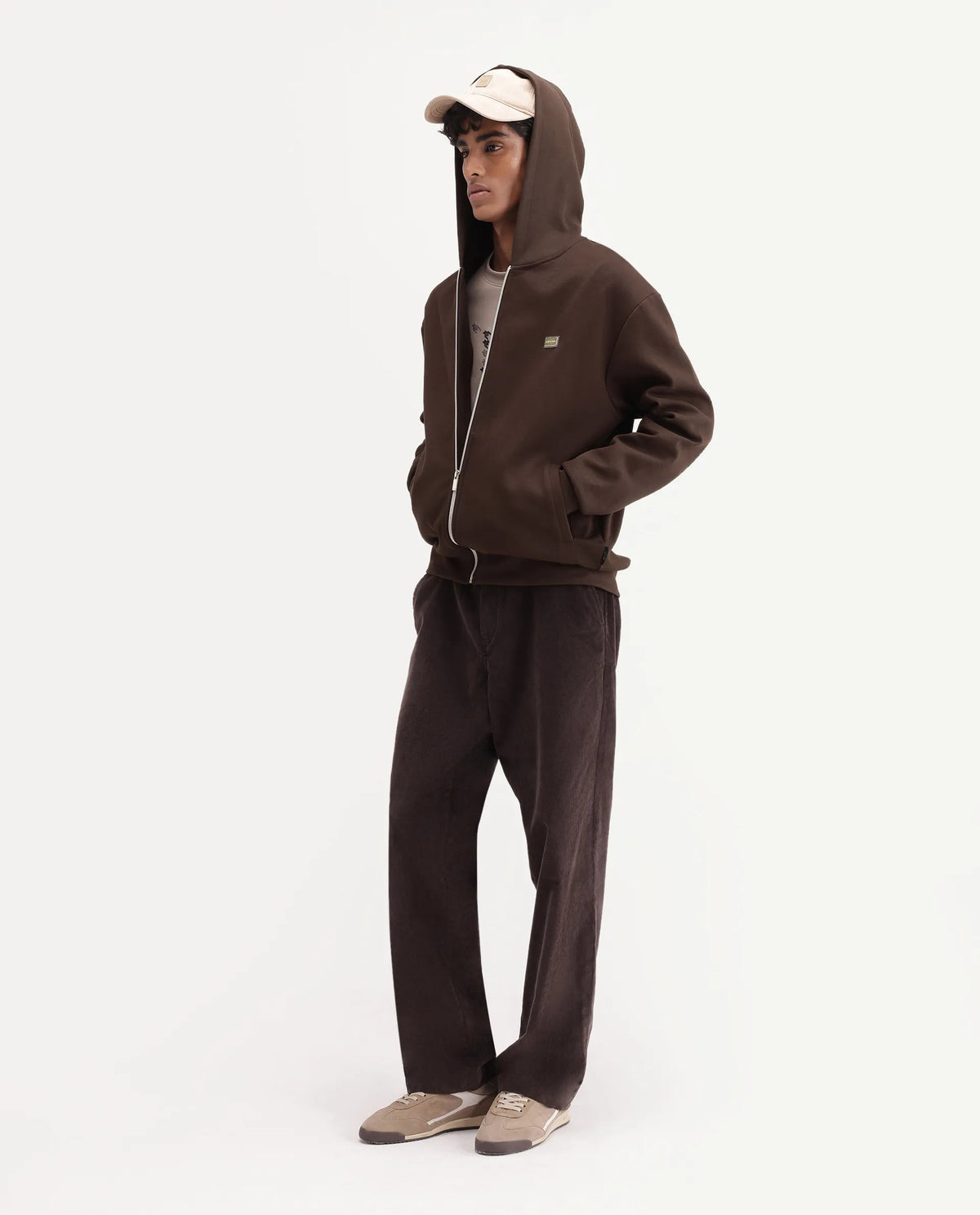 Rare Rabbit Men's Blin Brown Cotton Blend Hooded Regular Plain Sweatshirt