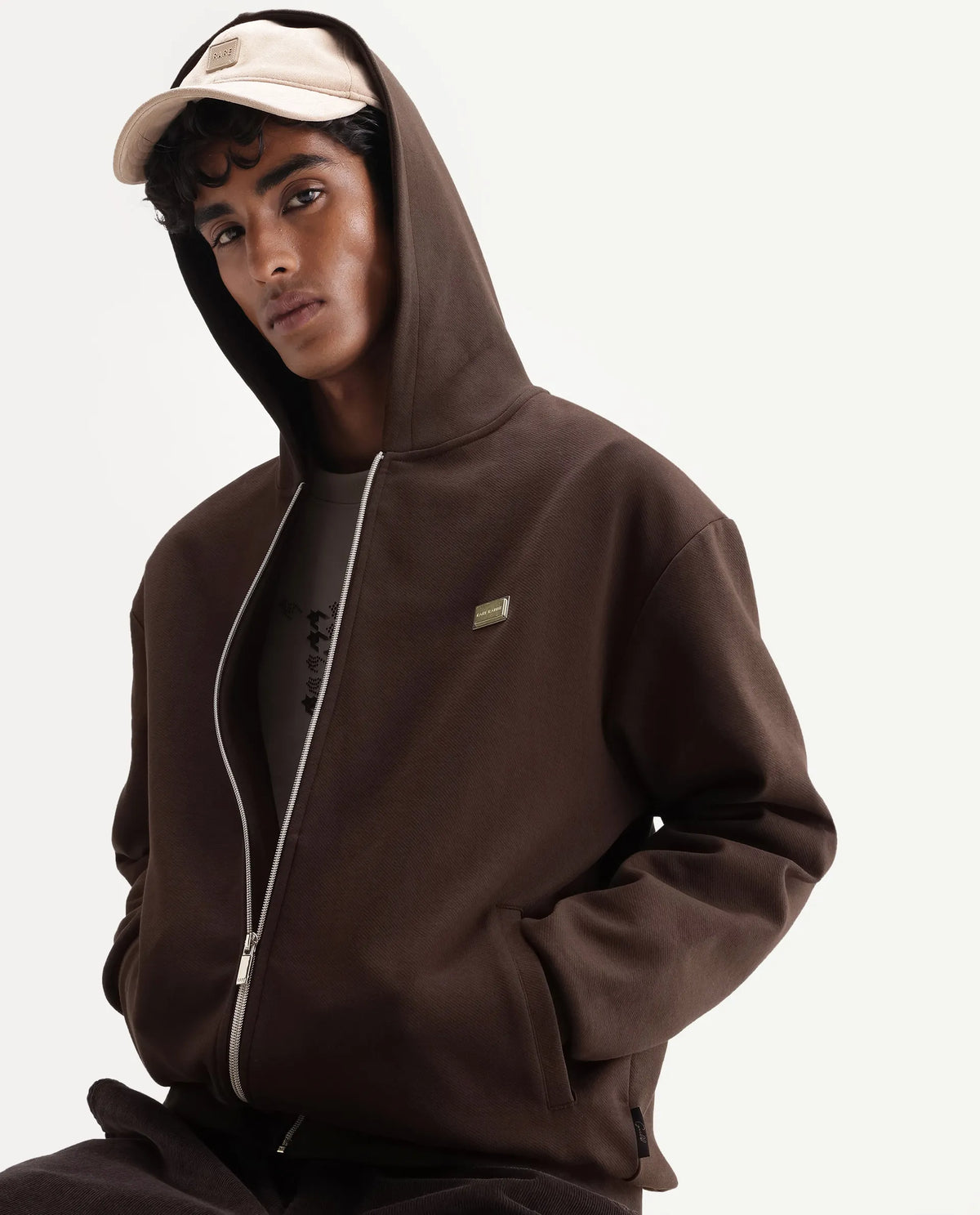Rare Rabbit Men's Blin Brown Cotton Blend Hooded Regular Plain Sweatshirt