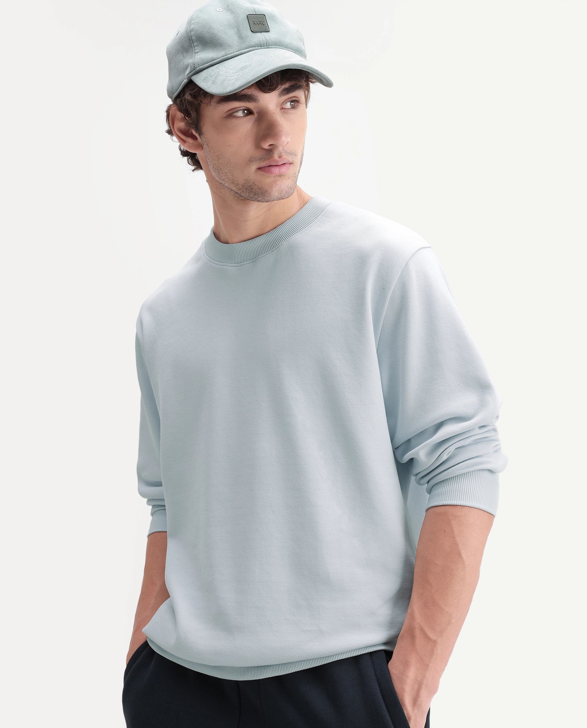 Rare Rabbit Men's Raeko Light Blue Cotton Blend Crew Neck Regular Plain Sweatshirt