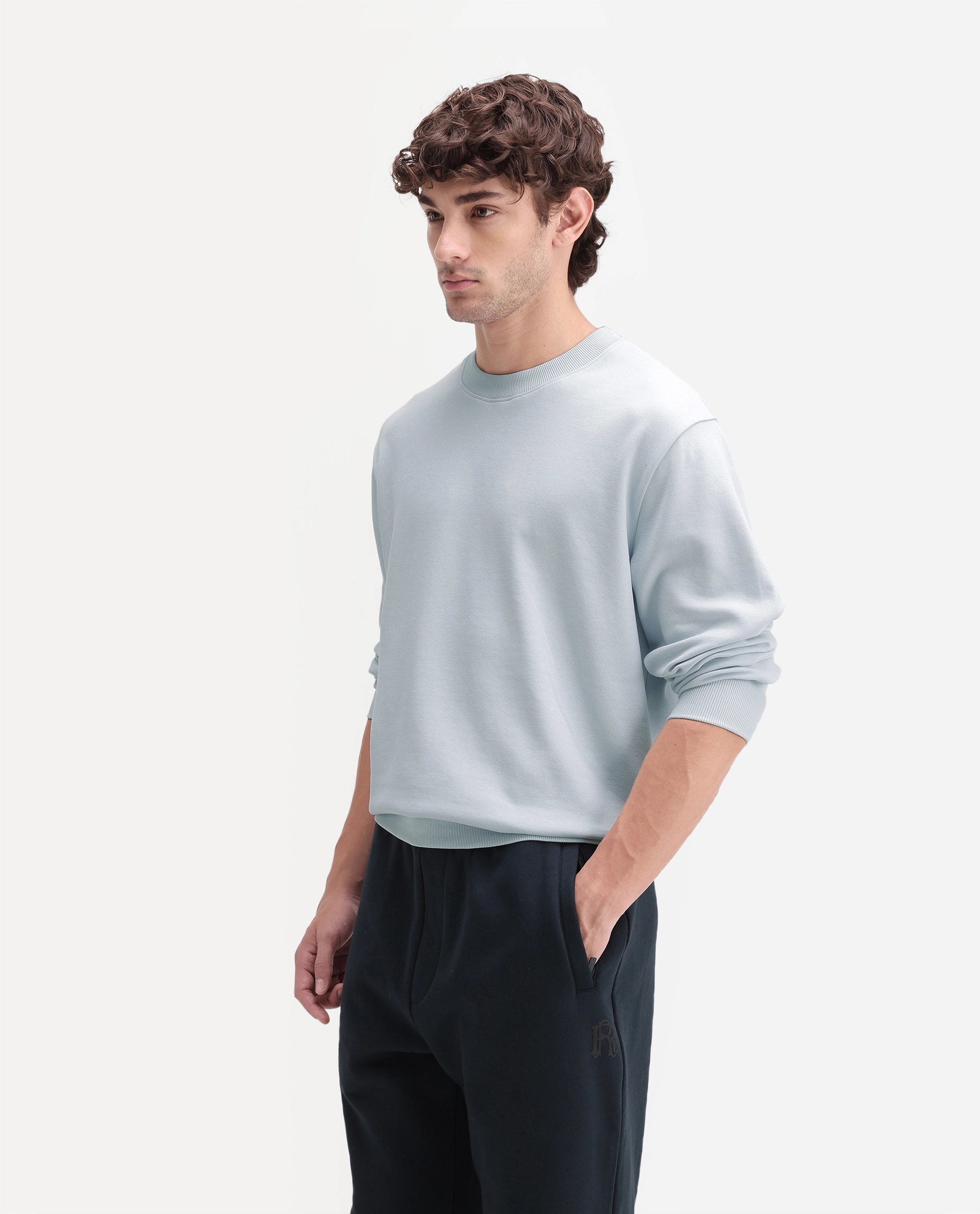 Rare Rabbit Men's Raeko Light Blue Cotton Blend Crew Neck Regular Plain Sweatshirt