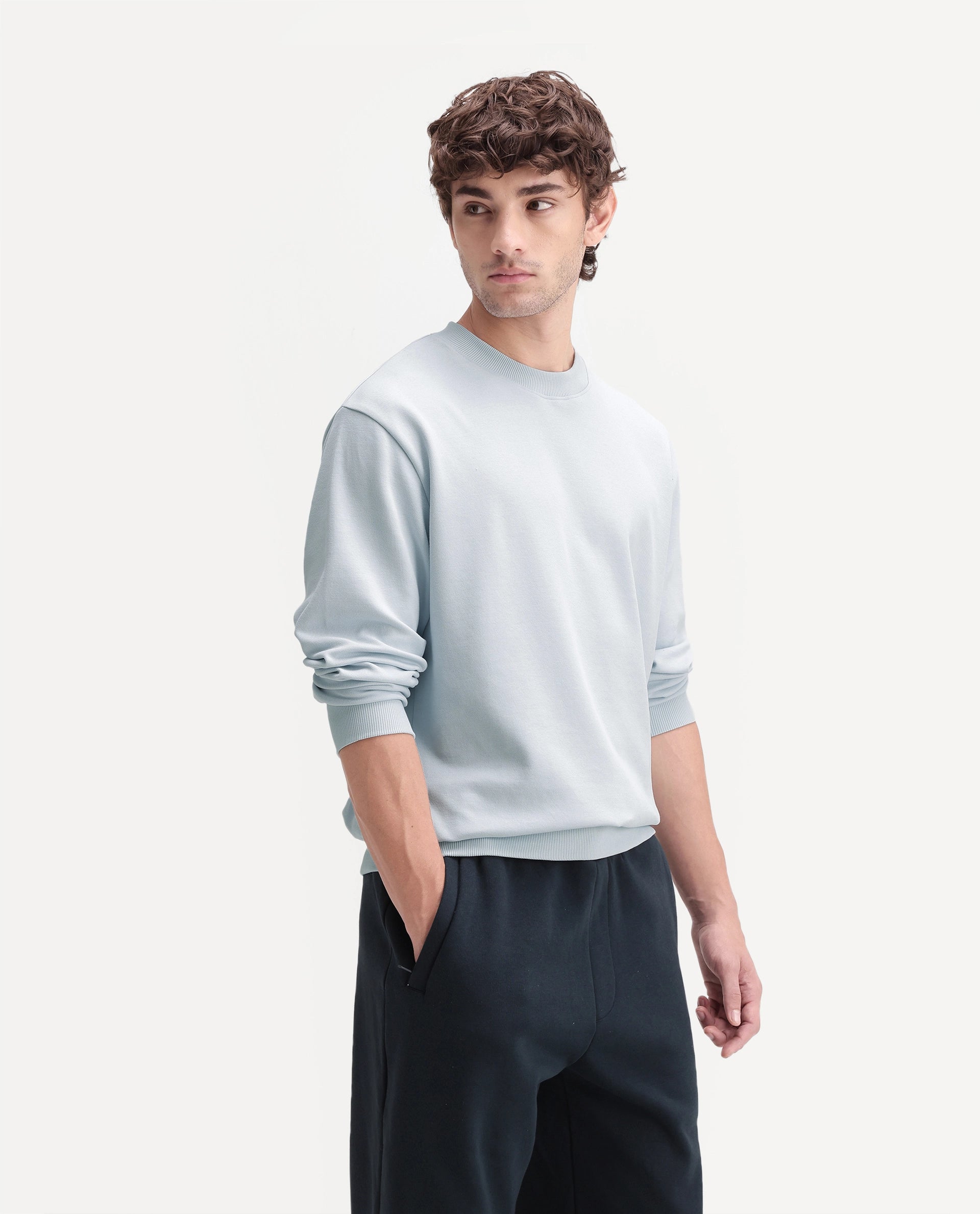 Rare Rabbit Men's Raeko Light Blue Cotton Blend Crew Neck Regular Plain Sweatshirt