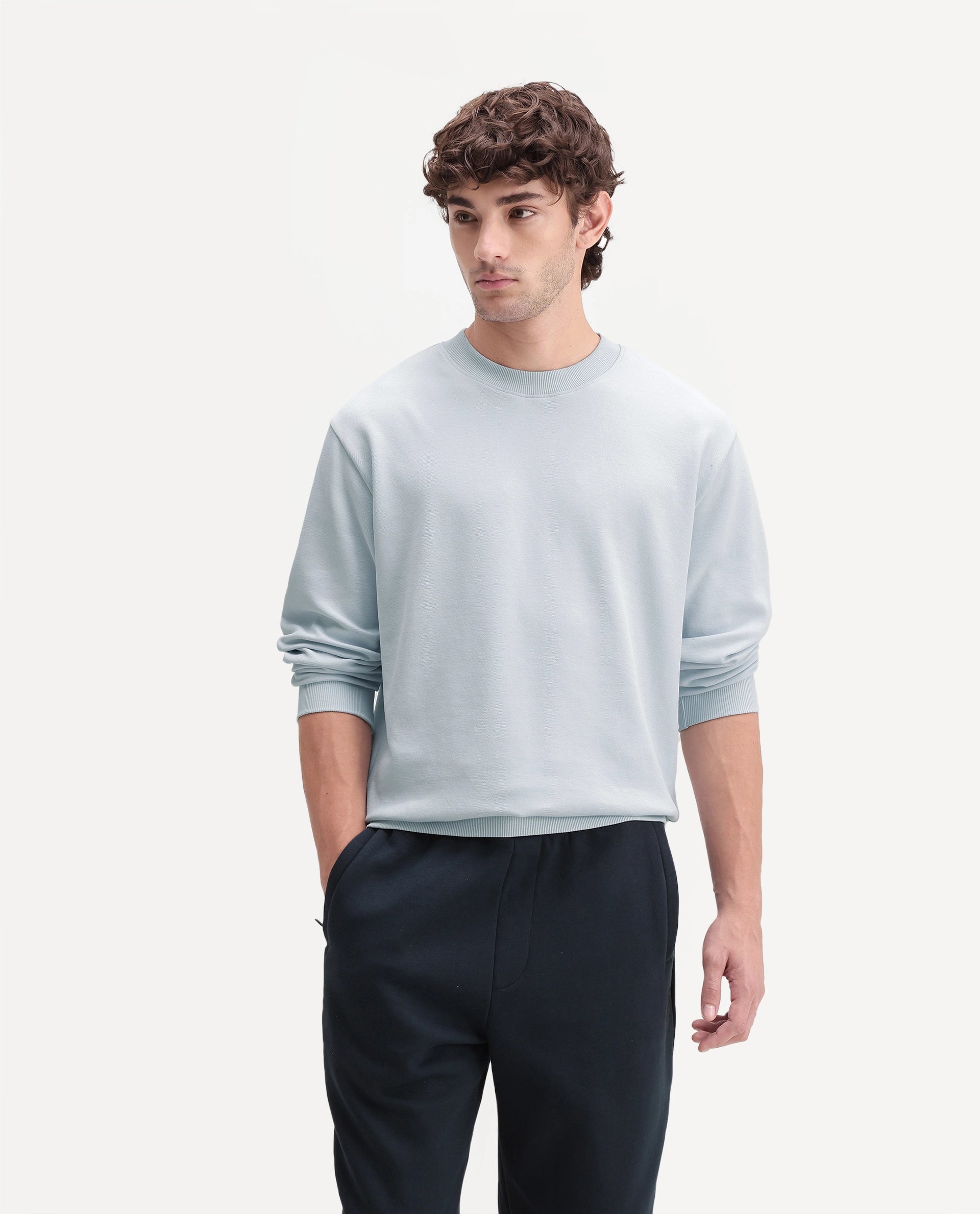 Rare Rabbit Men's Raeko Light Blue Cotton Blend Crew Neck Regular Plain Sweatshirt