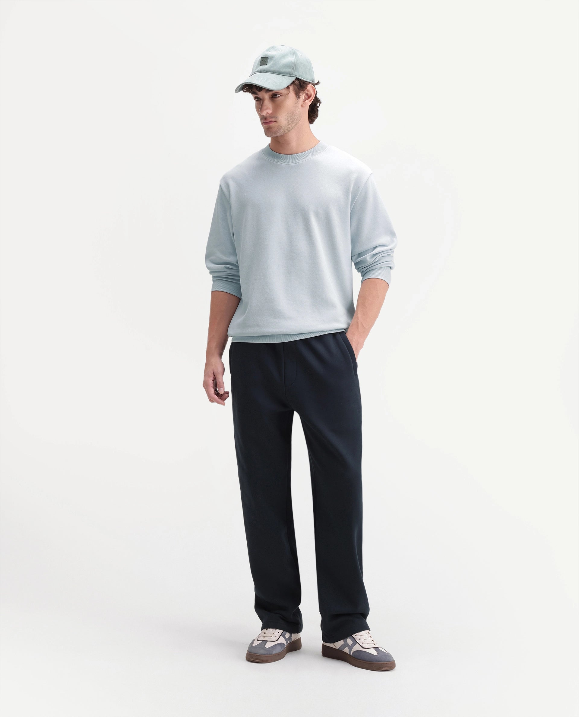 Rare Rabbit Men's Raeko Light Blue Cotton Blend Crew Neck Regular Plain Sweatshirt
