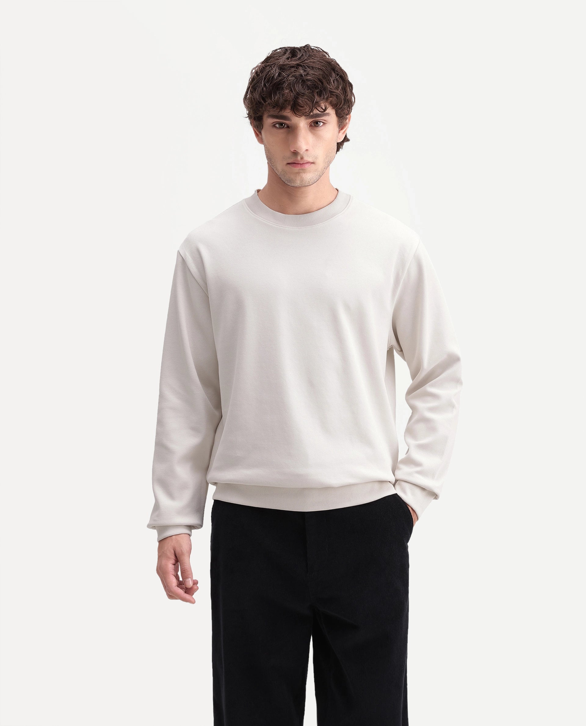 Rare Rabbit Men's Raeko Off White Cotton Blend Crew Neck Regular Plain Sweatshirt
