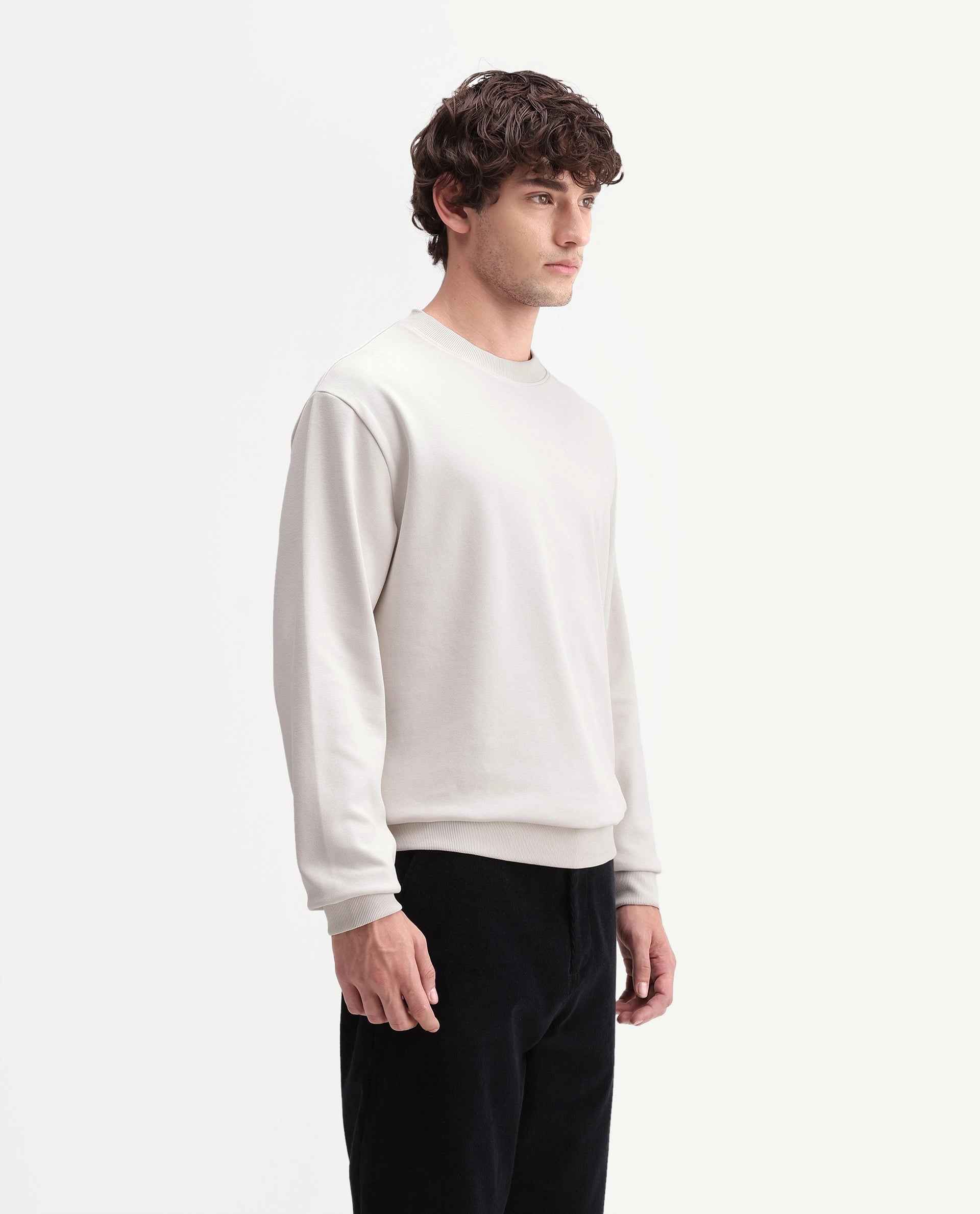 Rare Rabbit Men's Raeko Off White Cotton Blend Crew Neck Regular Plain Sweatshirt