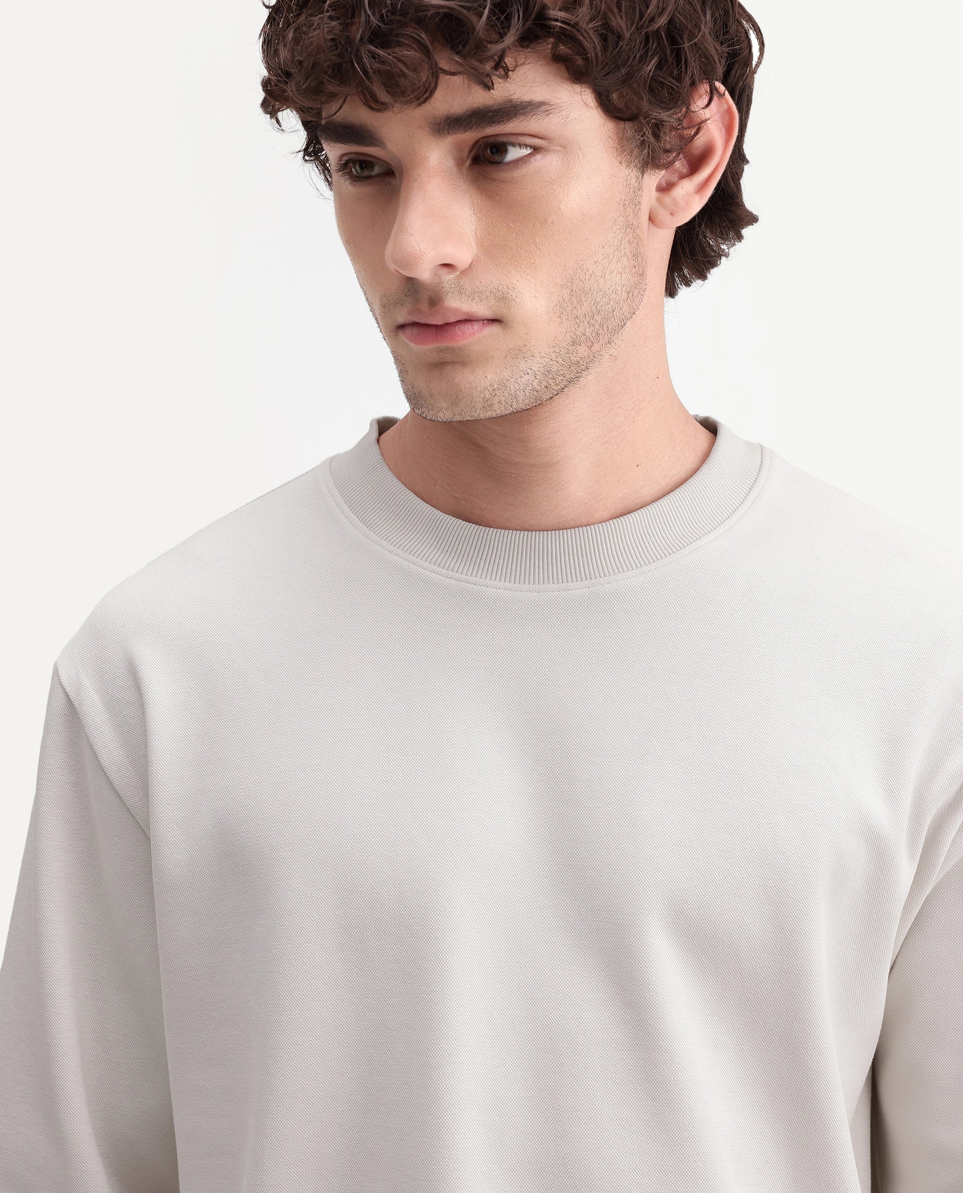 Rare Rabbit Men's Raeko Off White Cotton Blend Crew Neck Regular Plain Sweatshirt