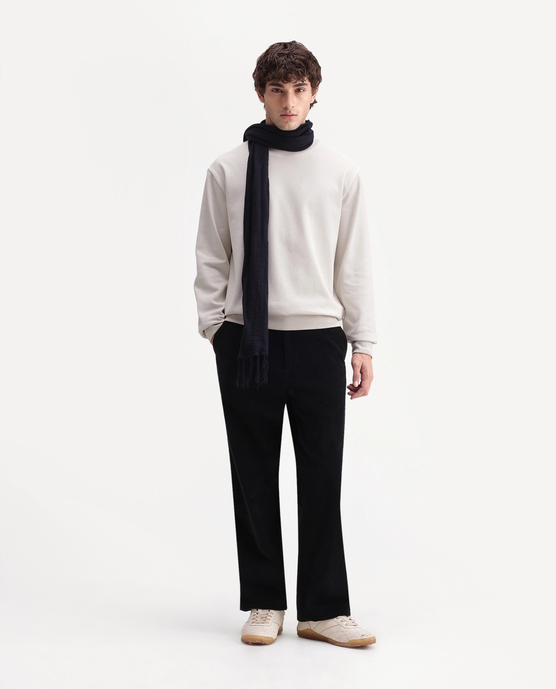 Rare Rabbit Men's Raeko Off White Cotton Blend Crew Neck Regular Plain Sweatshirt