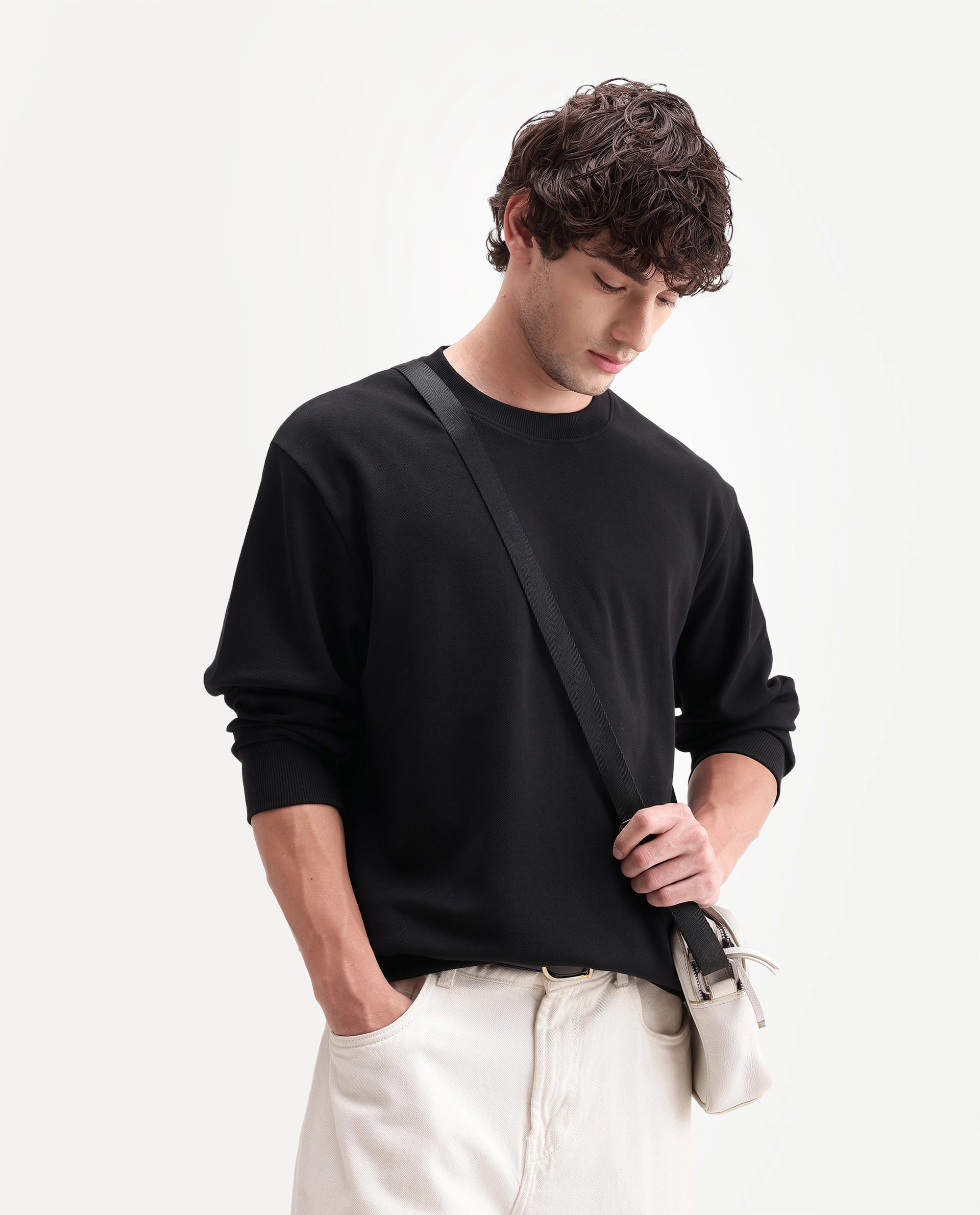Rare Rabbit Men's Raeko Black Cotton Blend Crew Neck Regular Plain Sweatshirt