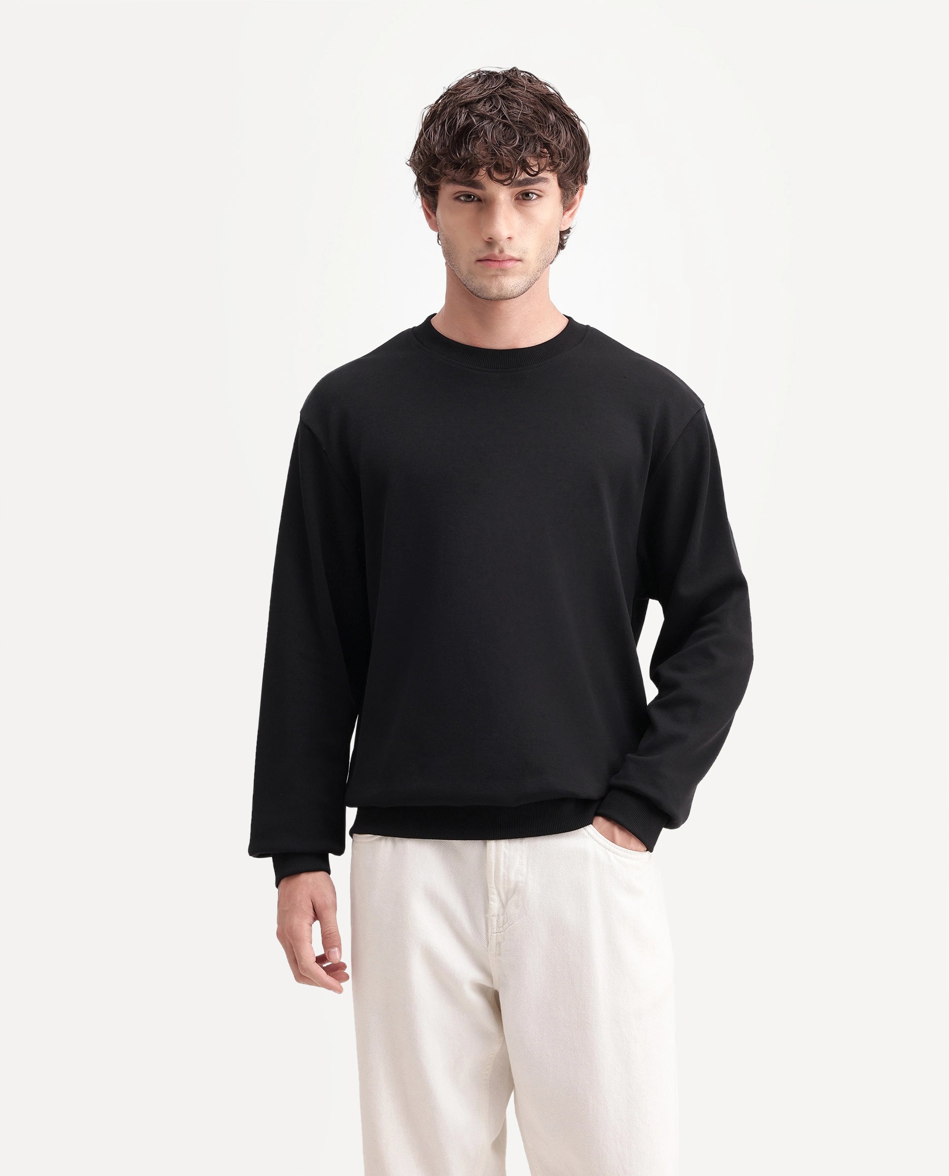 Rare Rabbit Men's Raeko Black Cotton Blend Crew Neck Regular Plain Sweatshirt