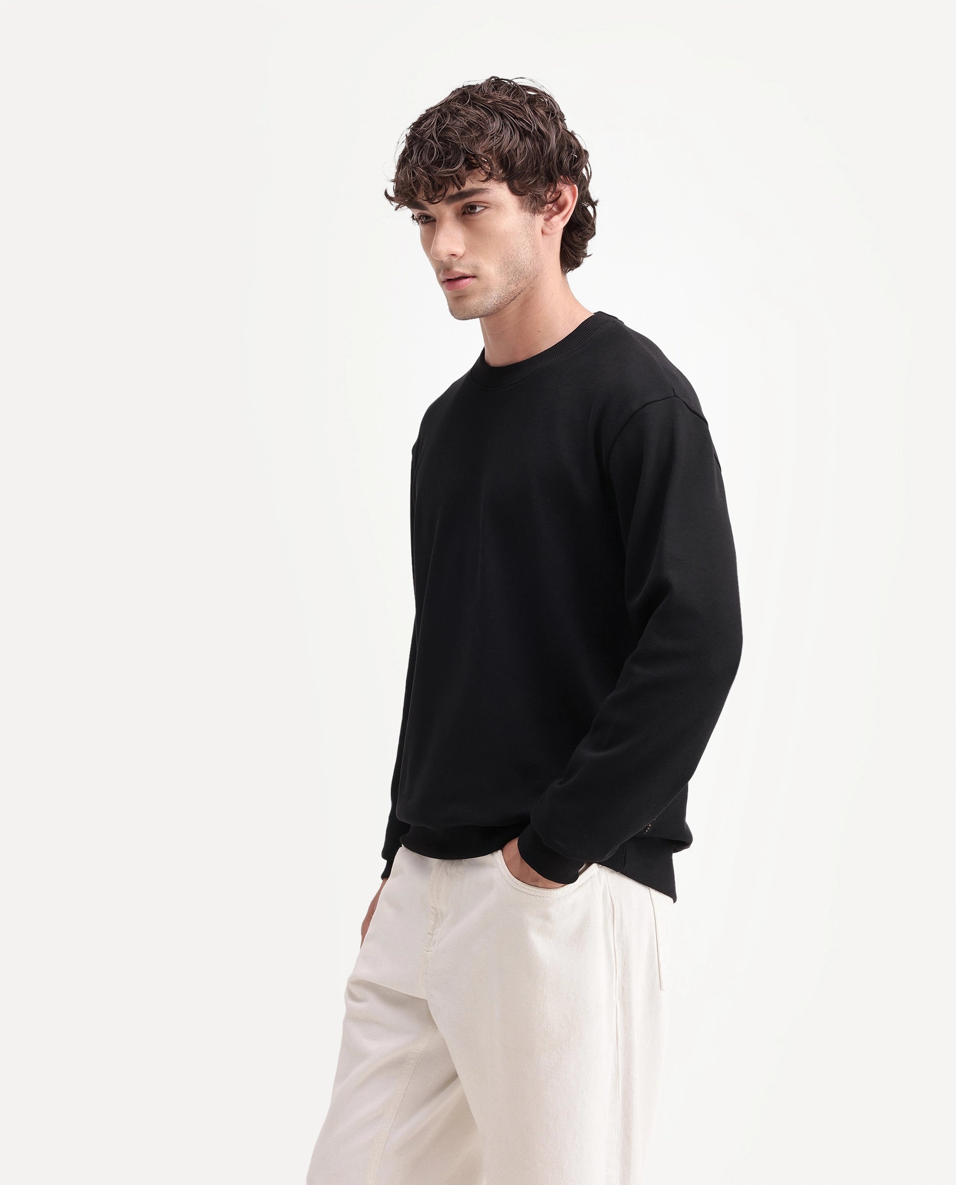 Rare Rabbit Men's Raeko Black Cotton Blend Crew Neck Regular Plain Sweatshirt