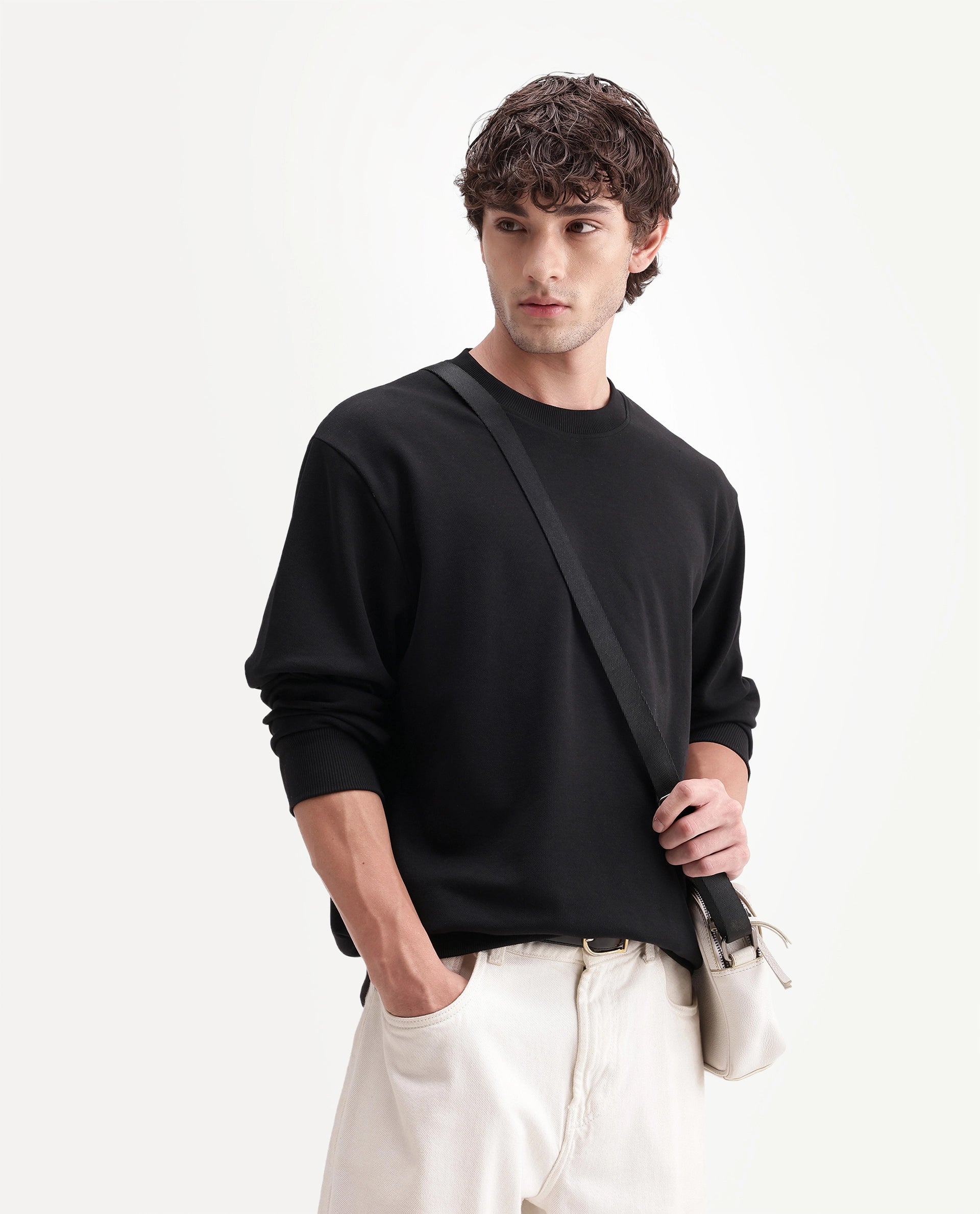 Rare Rabbit Men's Raeko Black Cotton Blend Crew Neck Regular Plain Sweatshirt