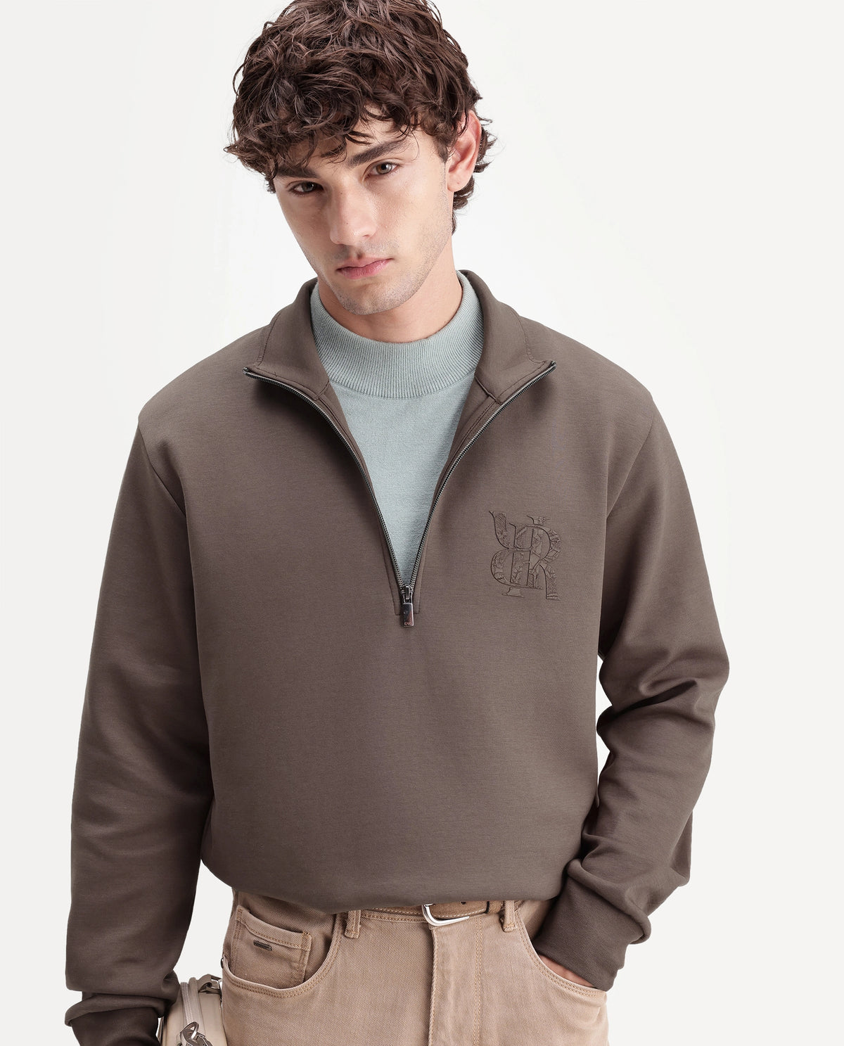Rare Rabbit Men's Rosk Brown Cotton Blend High Neck Regular Branding Sweatshirt