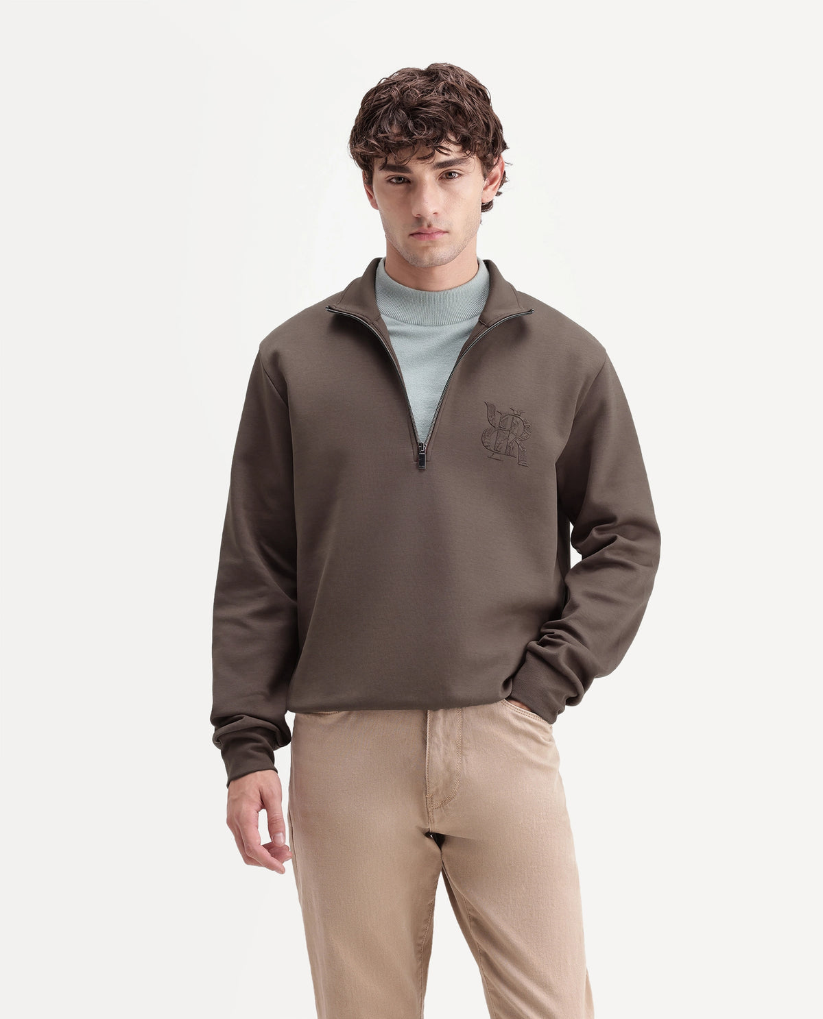 Rare Rabbit Men's Rosk Brown Cotton Blend High Neck Regular Branding Sweatshirt