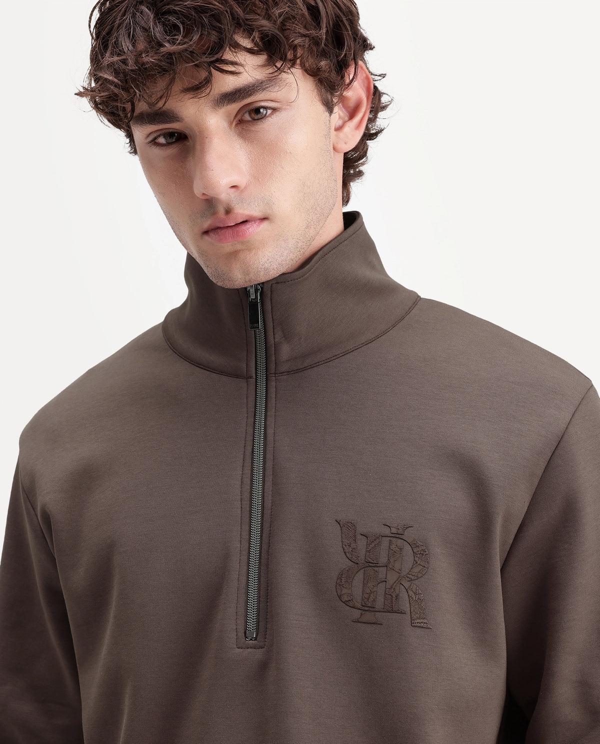 Rare Rabbit Men's Rosk Brown Cotton Blend High Neck Regular Branding Sweatshirt