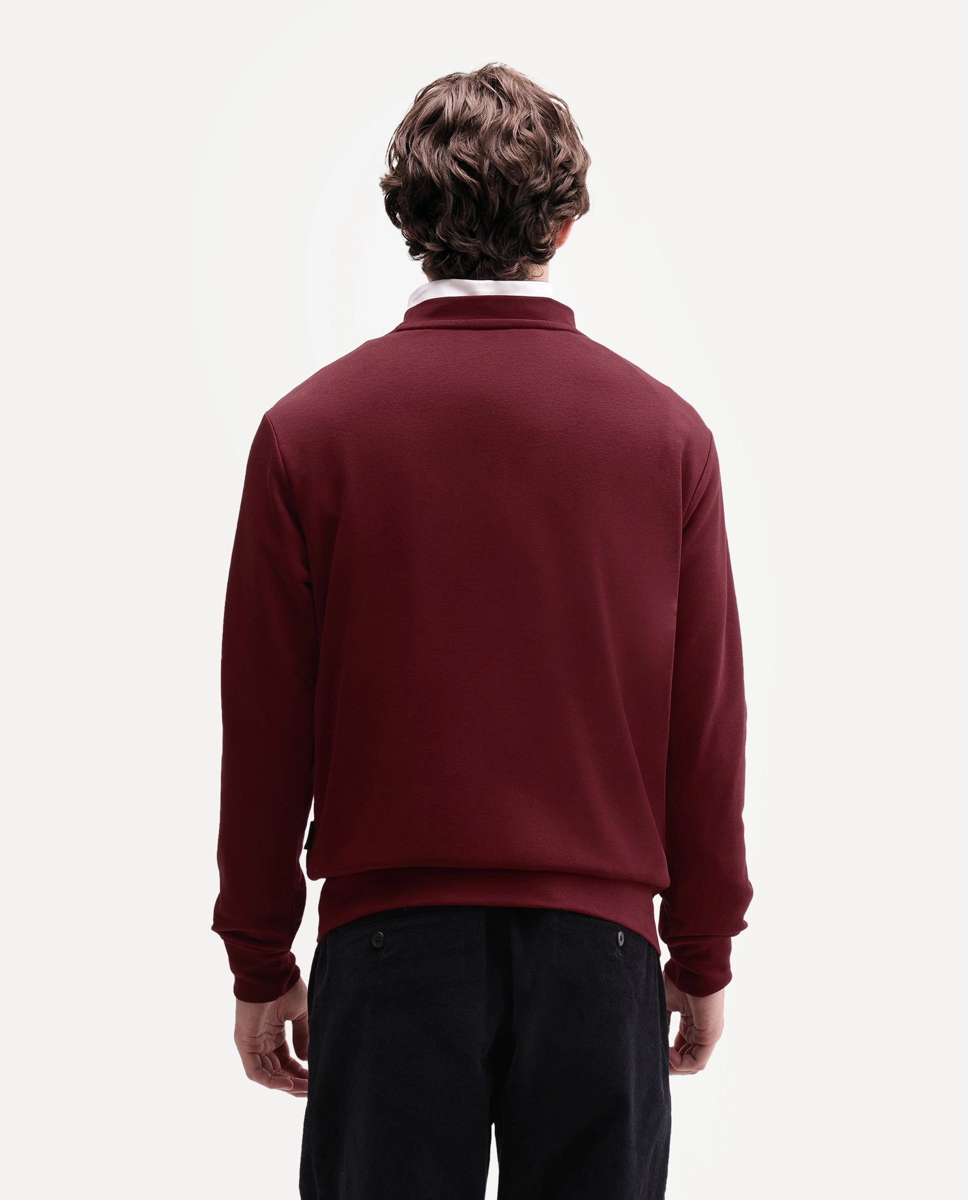 Rare Rabbit Men's Rarko Dark Red Cotton Blend Crew Neck Regular Monogram Sweatshirt