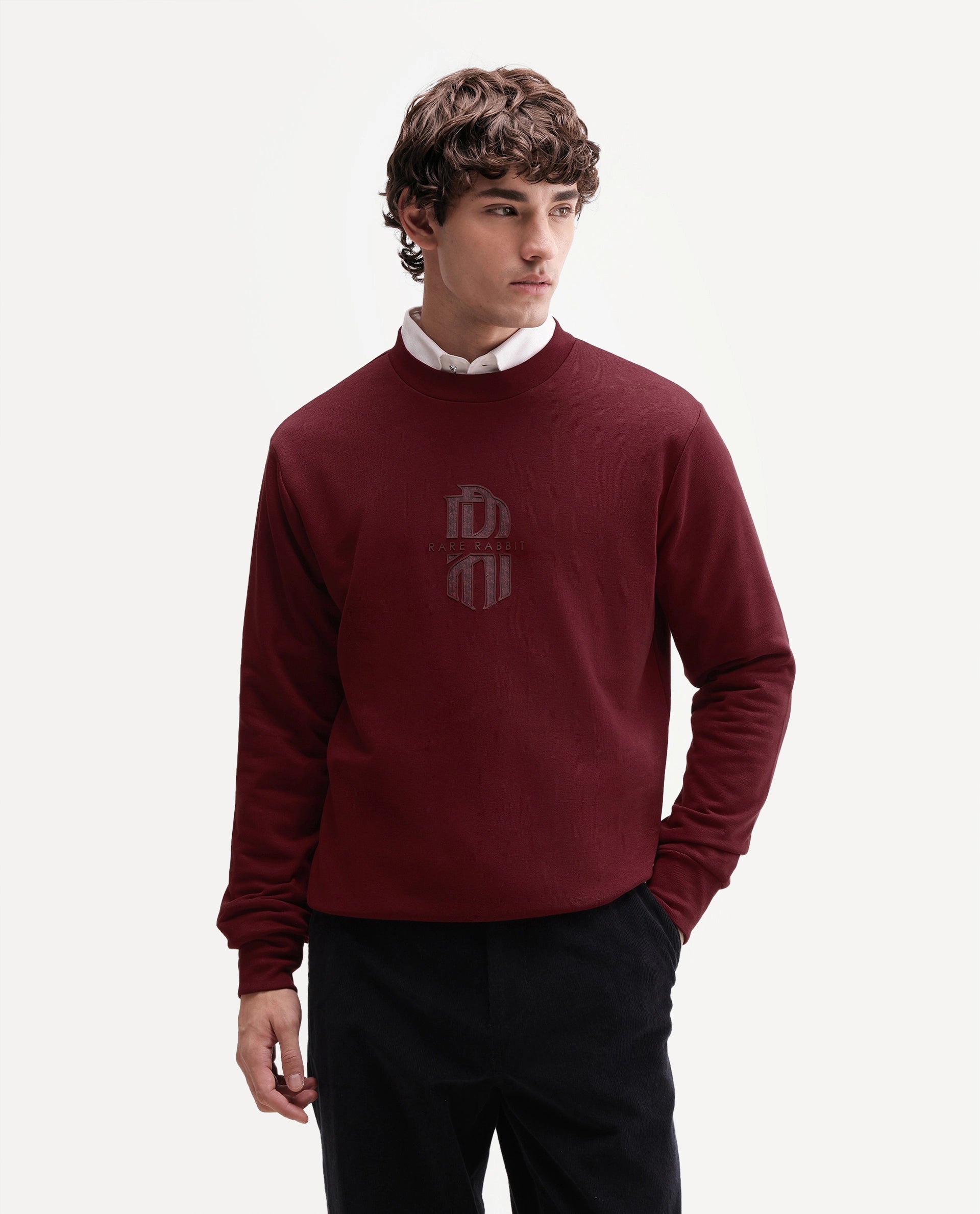Rare Rabbit Men's Rarko Dark Red Cotton Blend Crew Neck Regular Monogram Sweatshirt