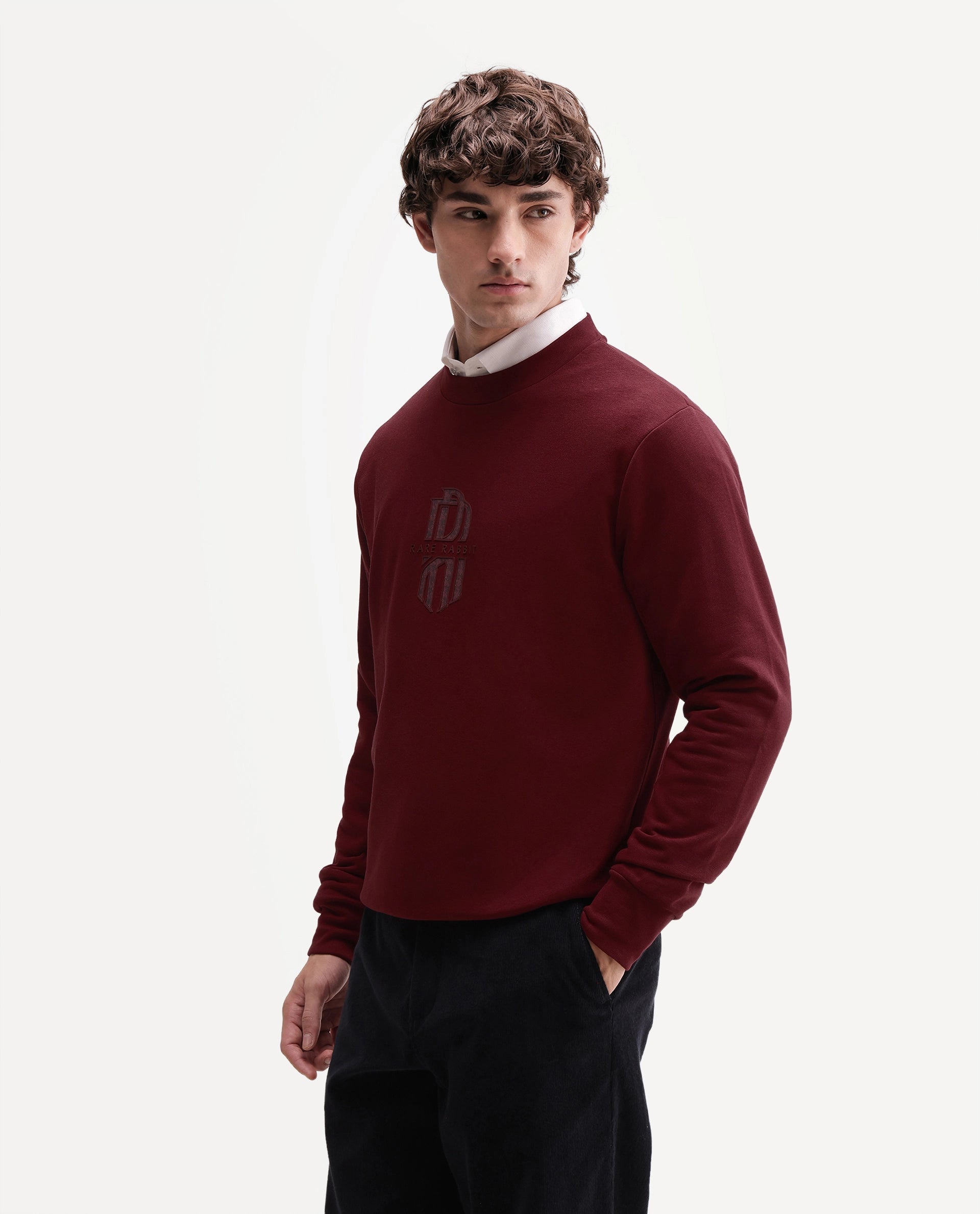Rare Rabbit Men's Rarko Dark Red Cotton Blend Crew Neck Regular Monogram Sweatshirt