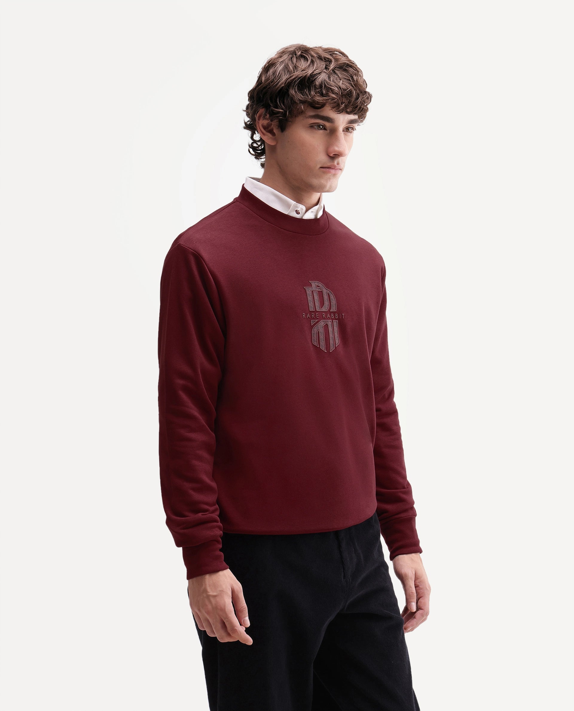 Rare Rabbit Men's Rarko Dark Red Cotton Blend Crew Neck Regular Monogram Sweatshirt