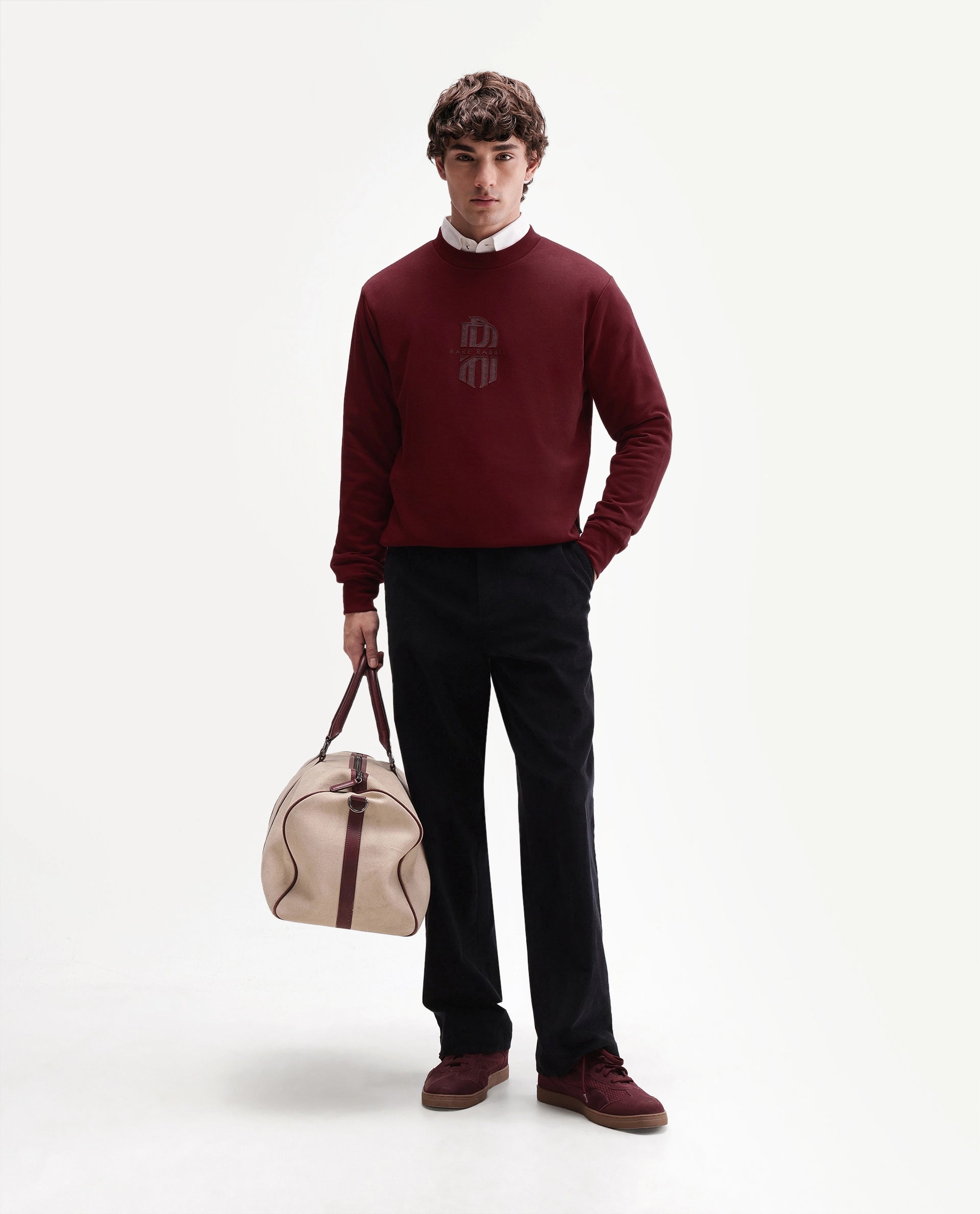 Rare Rabbit Men's Rarko Dark Red Cotton Blend Crew Neck Regular Monogram Sweatshirt