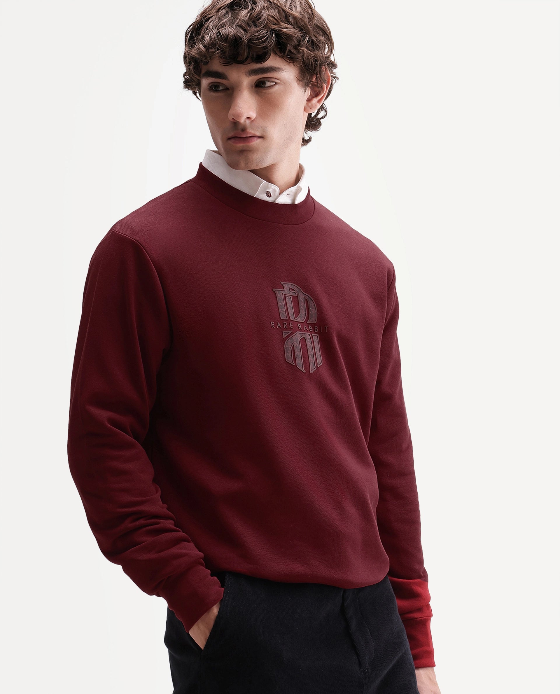 Rare Rabbit Men's Rarko Dark Red Cotton Blend Crew Neck Regular Monogram Sweatshirt